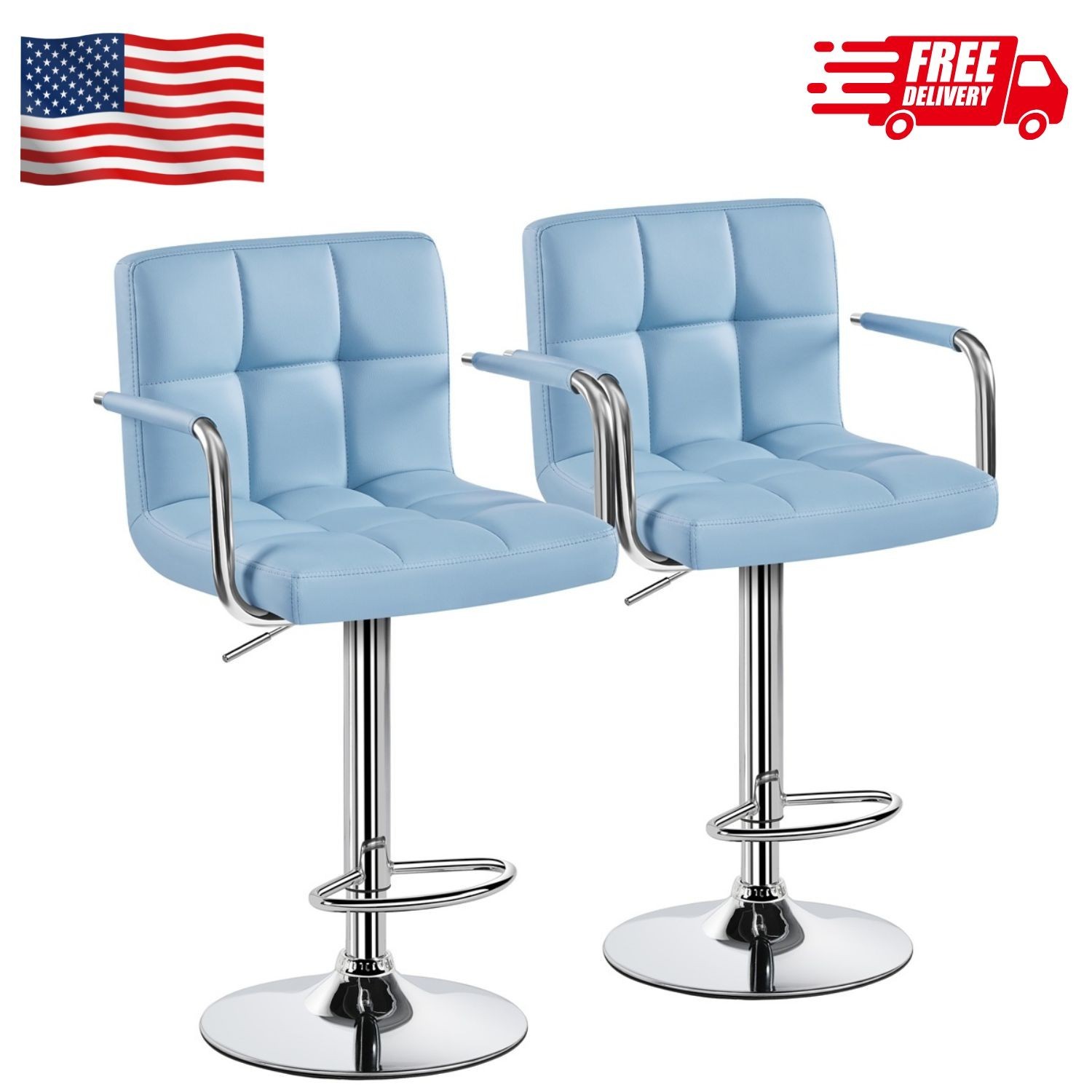 PU Leather Bar Stools with Large Steel Pedestal Base, Set of 2, Blue