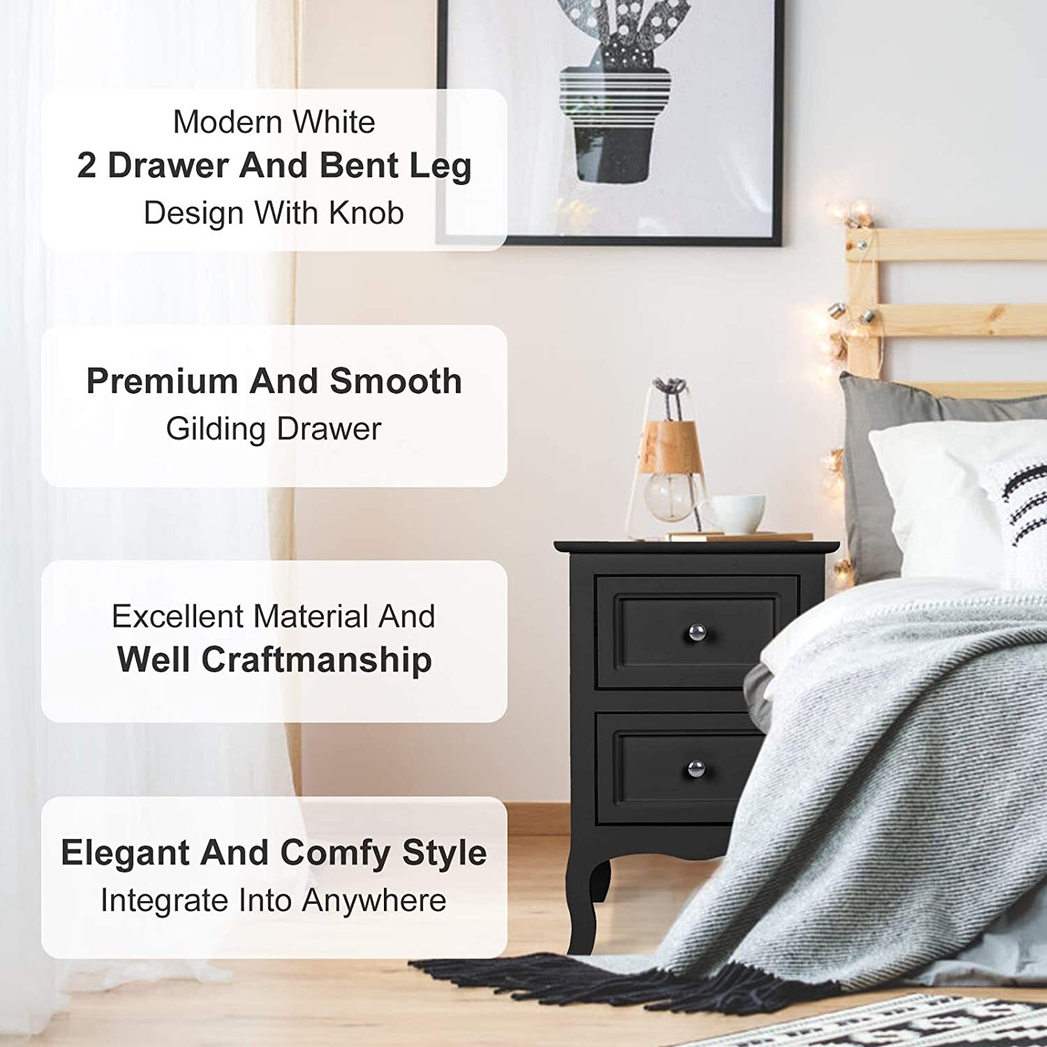 Set of 2 Bedroom Nightstand Modern Bedside Table End Table with 2 Drawers