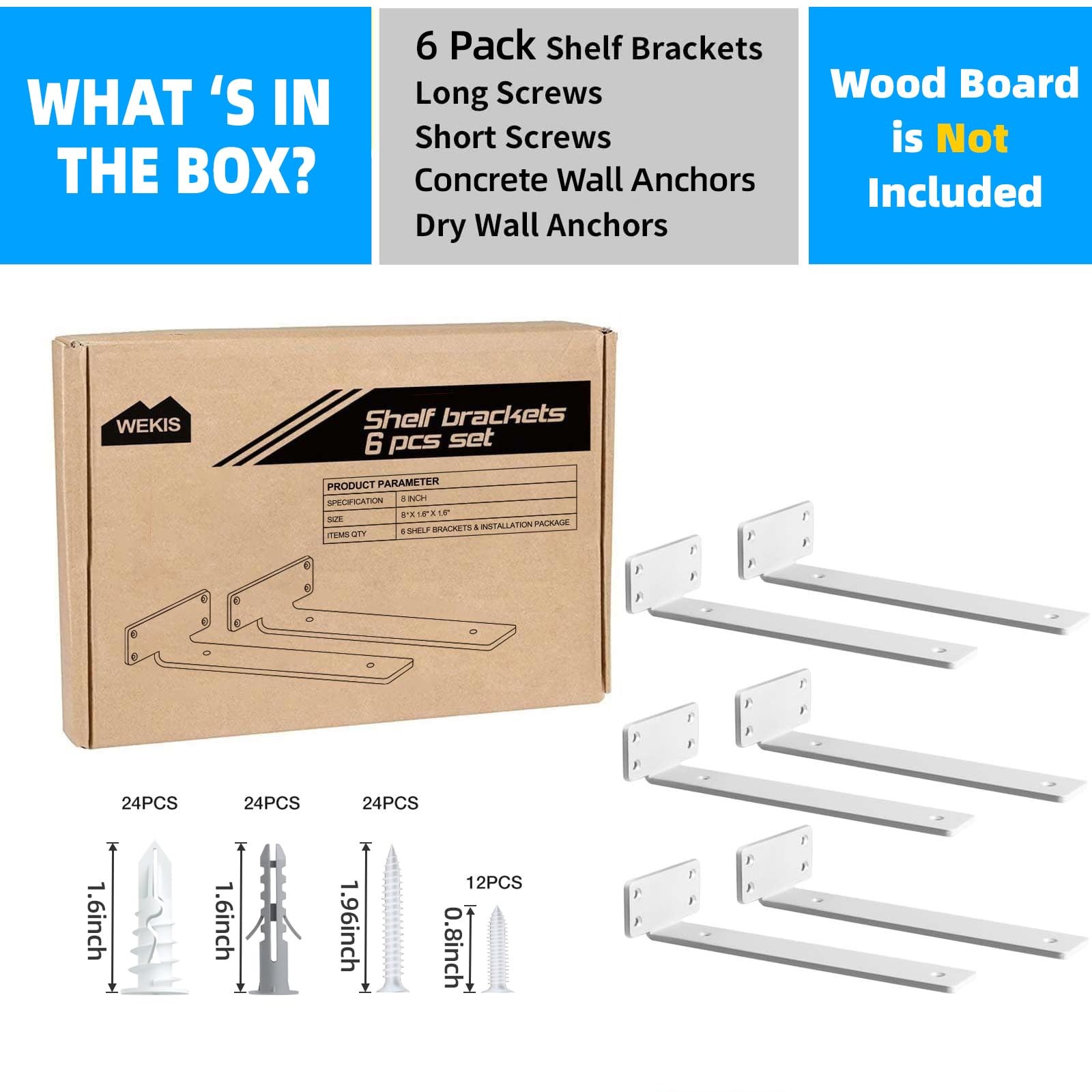 Shelf Brackets 8-Inch Long 1/5-Inch Thick 6-Pack – 160 lb Load Capacity, Matte