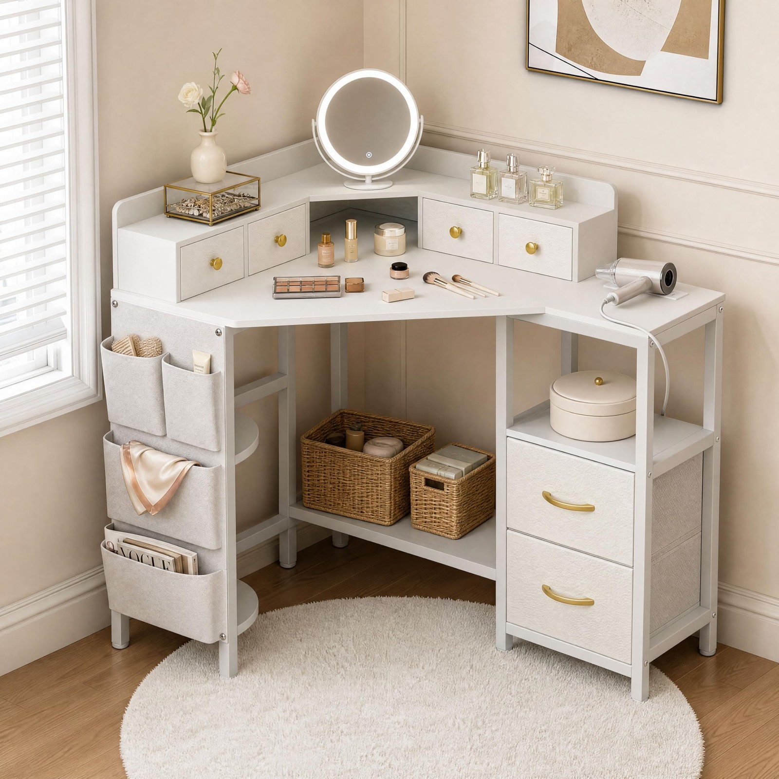 Corner Vanity Desk with Charging Station, 49.6″ Makeup Table with Fabric Draw…