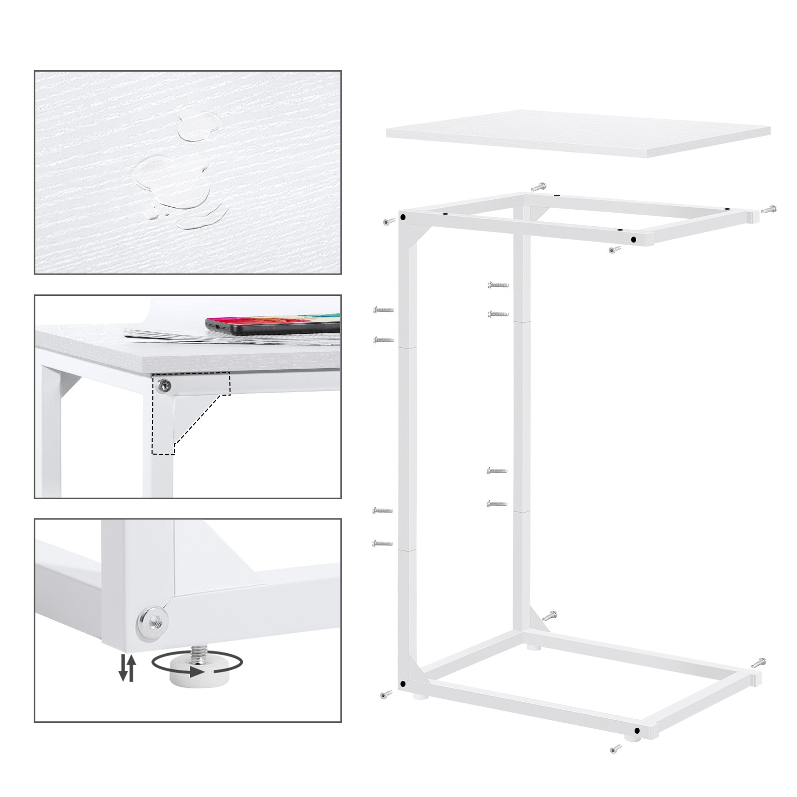 White C Shaped End Table, Couch Side Table that Slide Under Sofa for Living Room