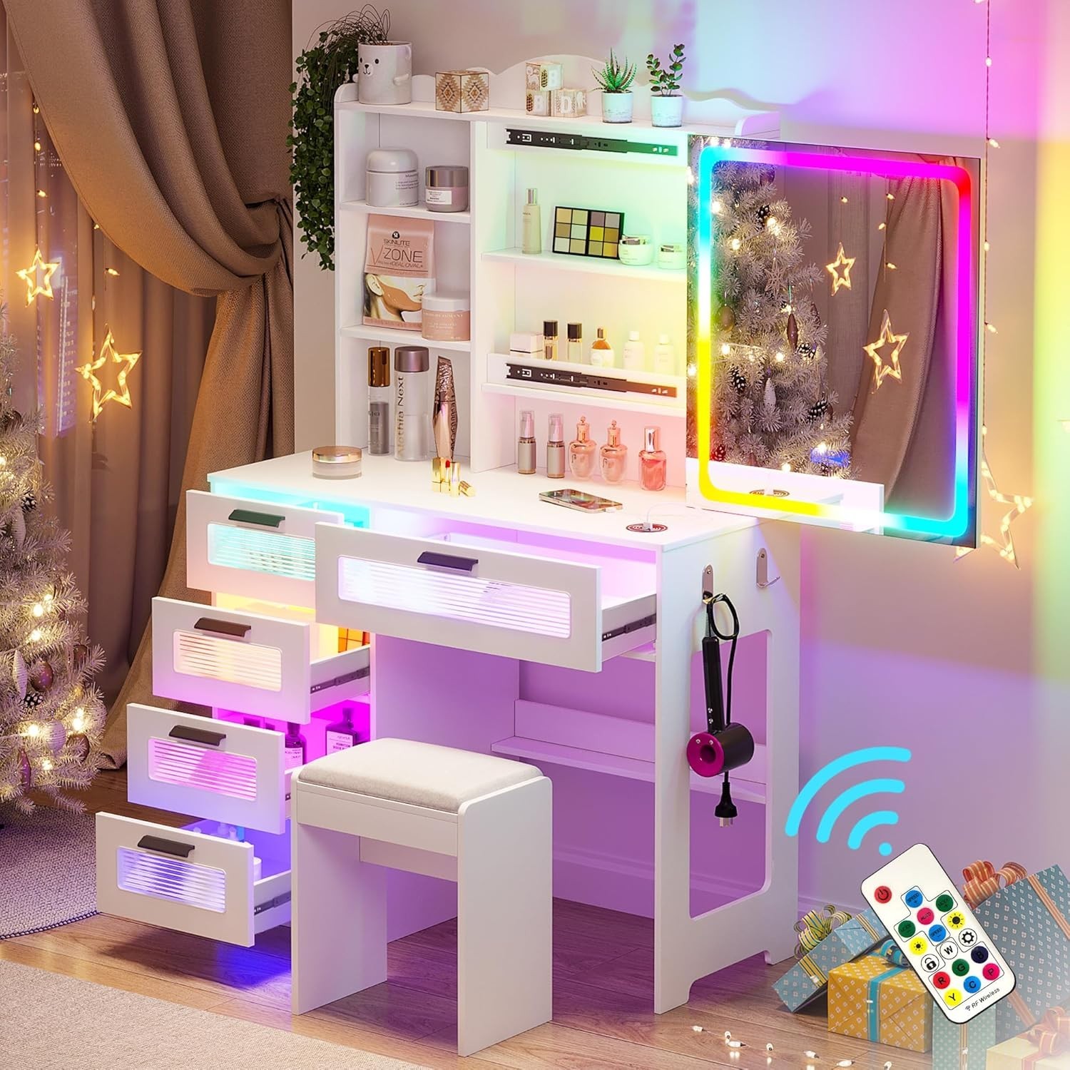 Vanity Desk with Sliding Mirror and Lights, Makeup Vanity with Charging Station