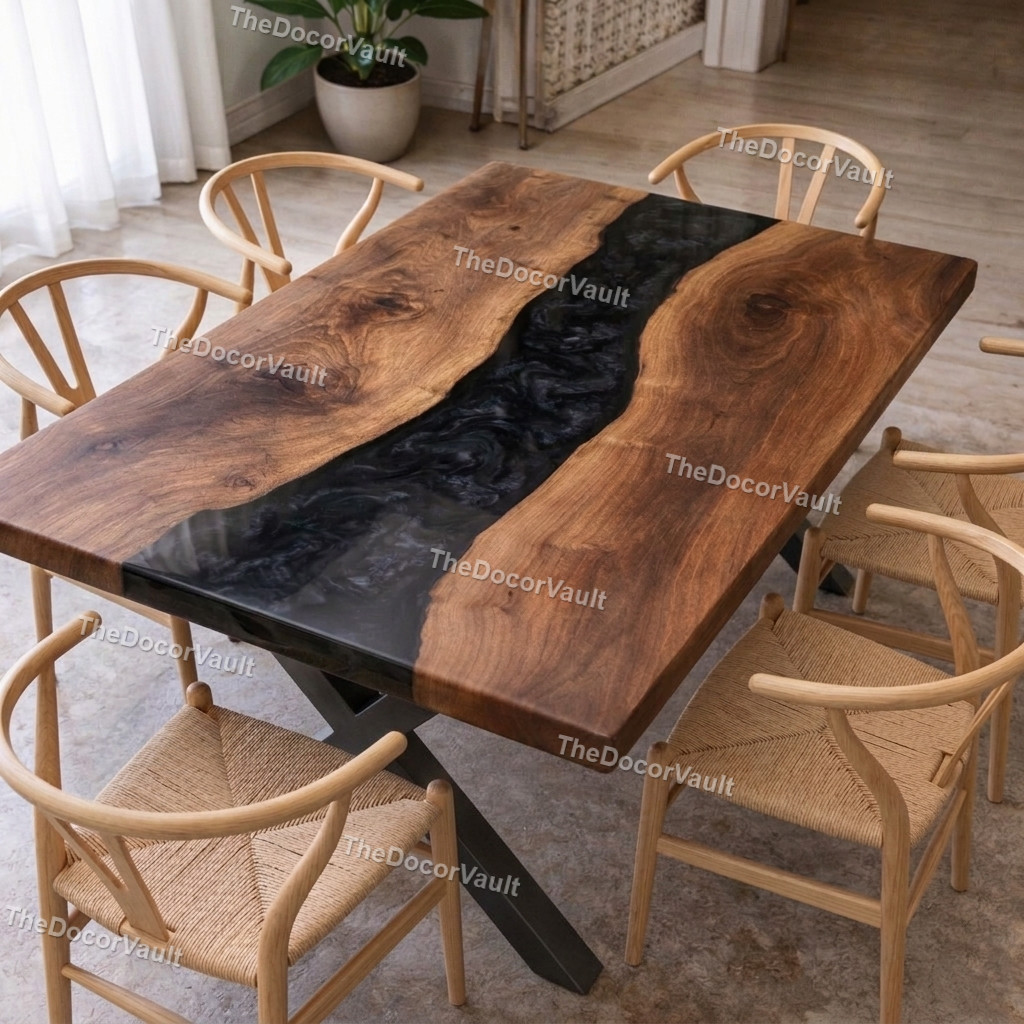 Black Epoxy River Table Live Edge Walnut Dining Table – Custom Resin Wood table