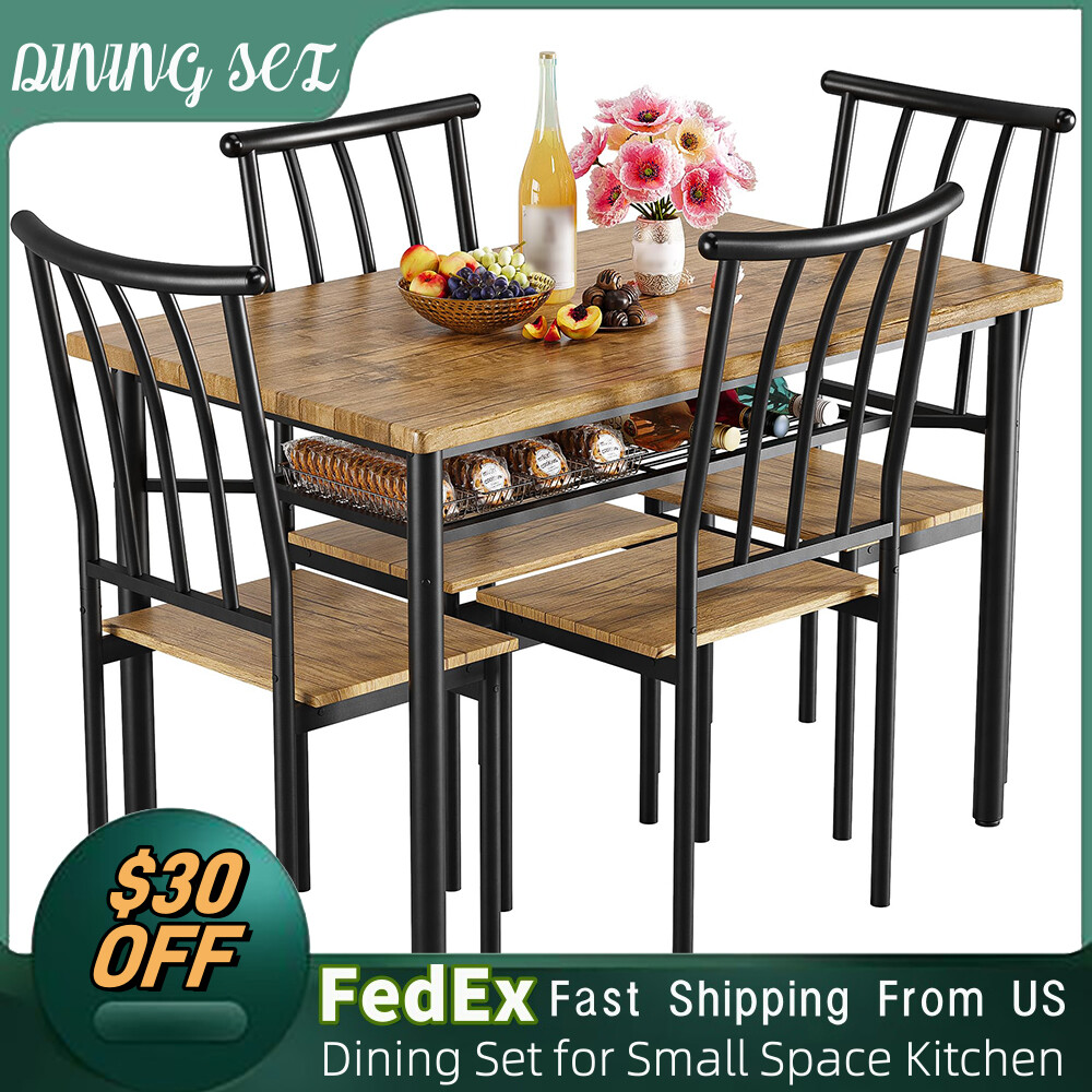Dining Set Table with 4 Chairs Steel Frame Wood Top Dinette for Small Space
