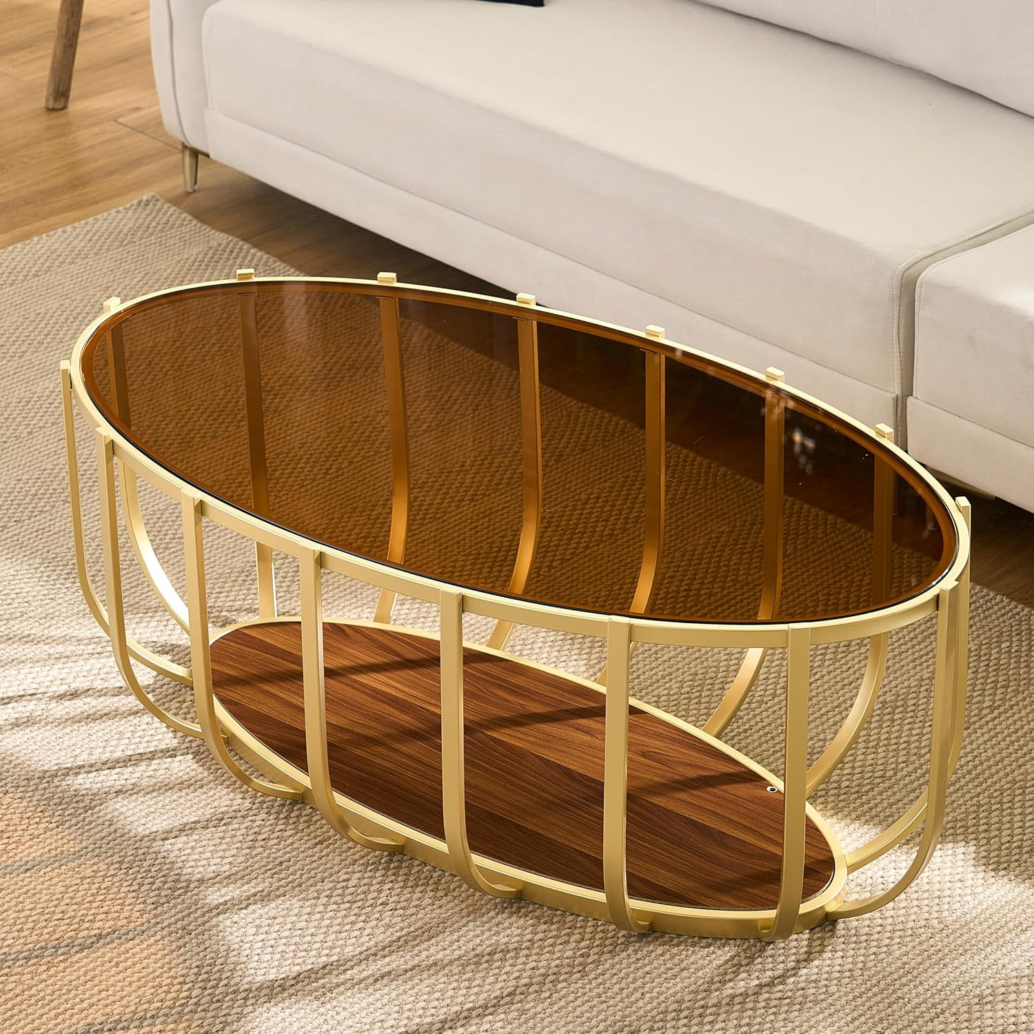 Gold Oval Glass Coffee Table, Mid-Century Modern Design, 2-Tier Structure, Brown