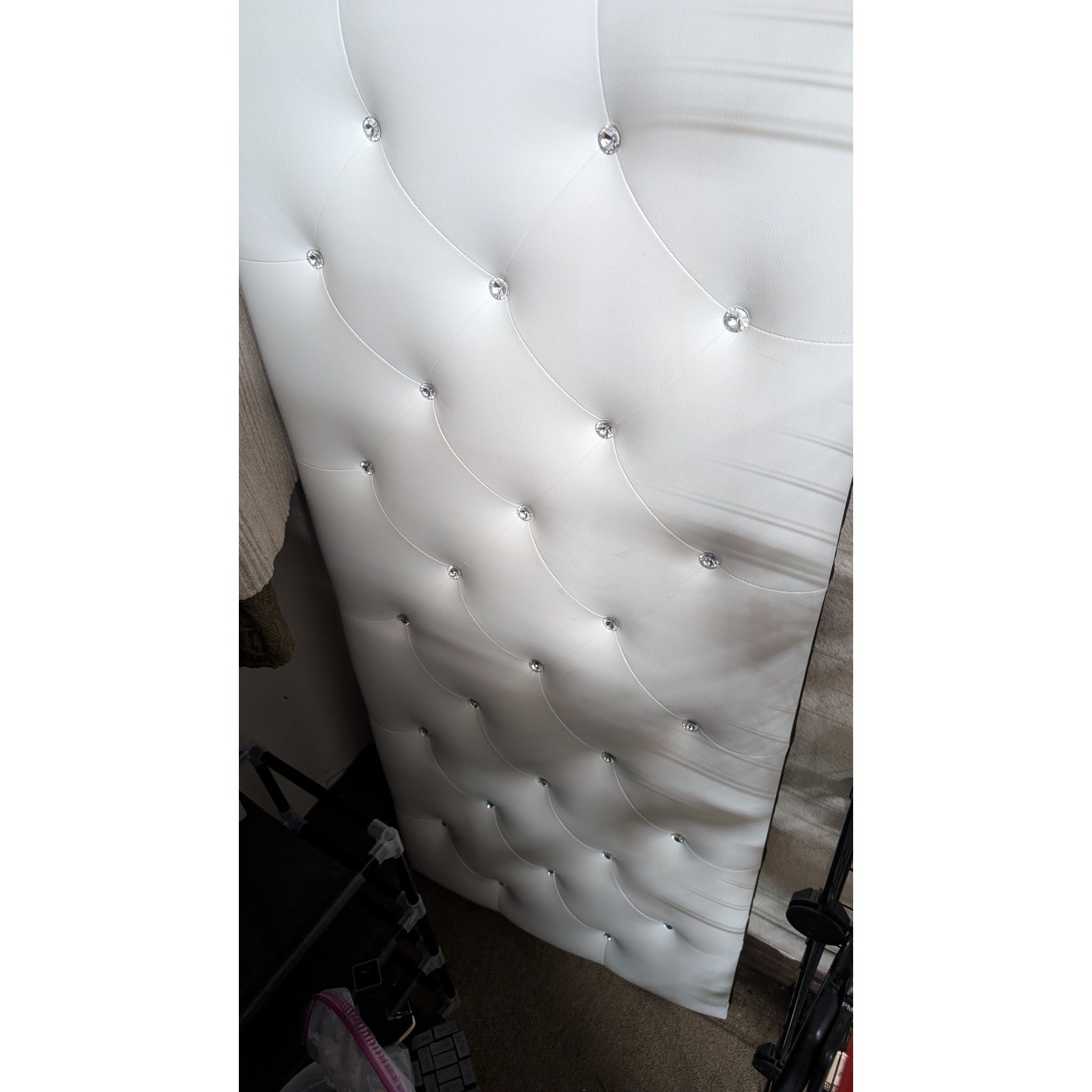 White Faux Leather Tufted Headboard Crystal Button Accents Twin Size Glam Bed