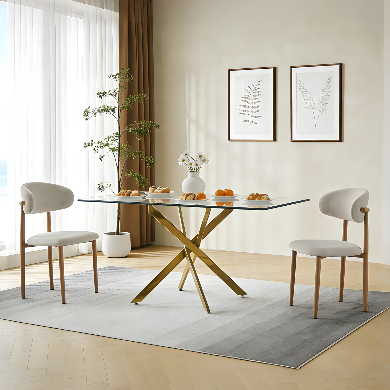 2PC Modern Upholstered Linen Dining Chairs W/Ergonomic Curved Back Kitchen Chair