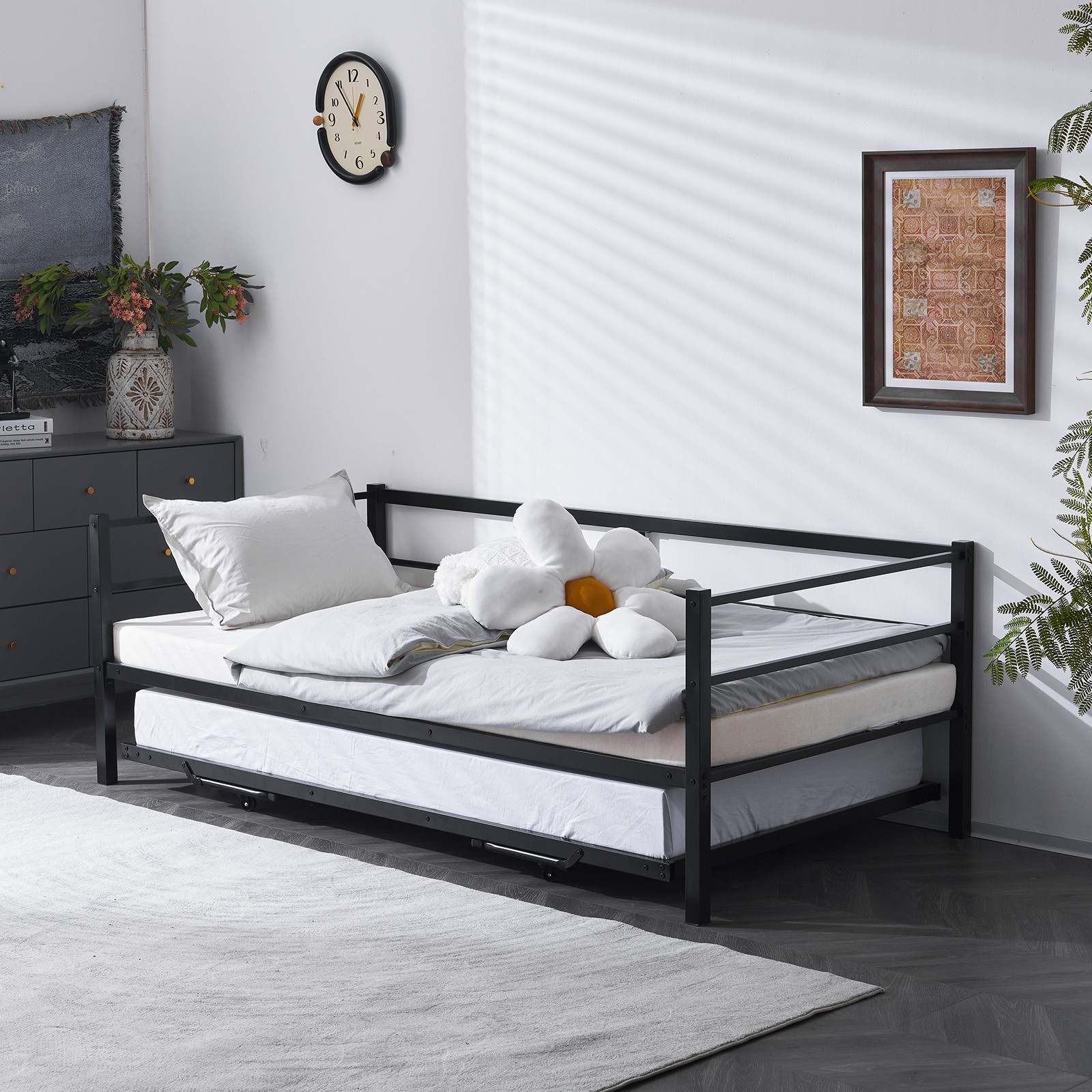 Metal Twin Bed Daybed with Trundle Bed Twin Sofa Bed Frame for Kids Teens Adults
