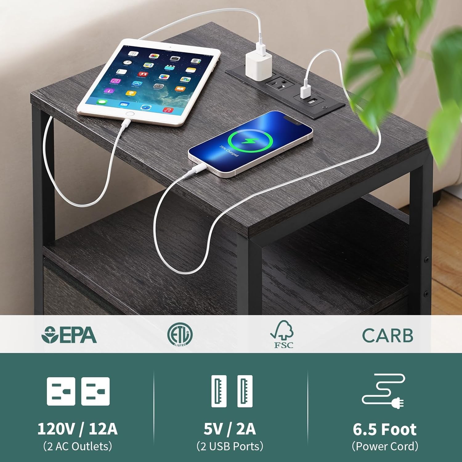 Matte Charcoal Gray Nightstand with Charging Station for Seamless Organization