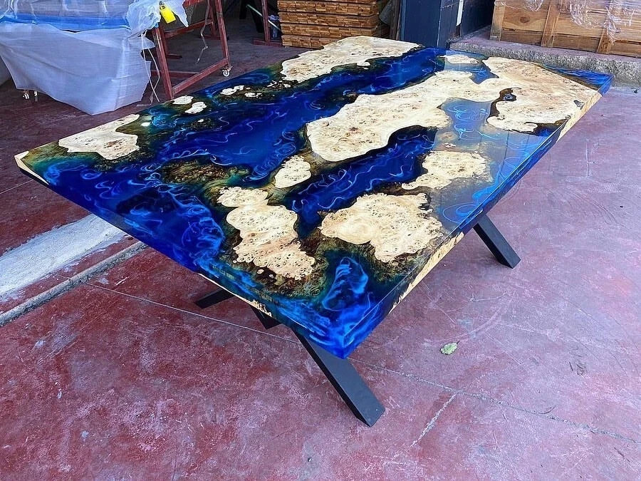Custom Made Ocean Epoxy Dining Room Table, River Resin Dining Table, Live Edge