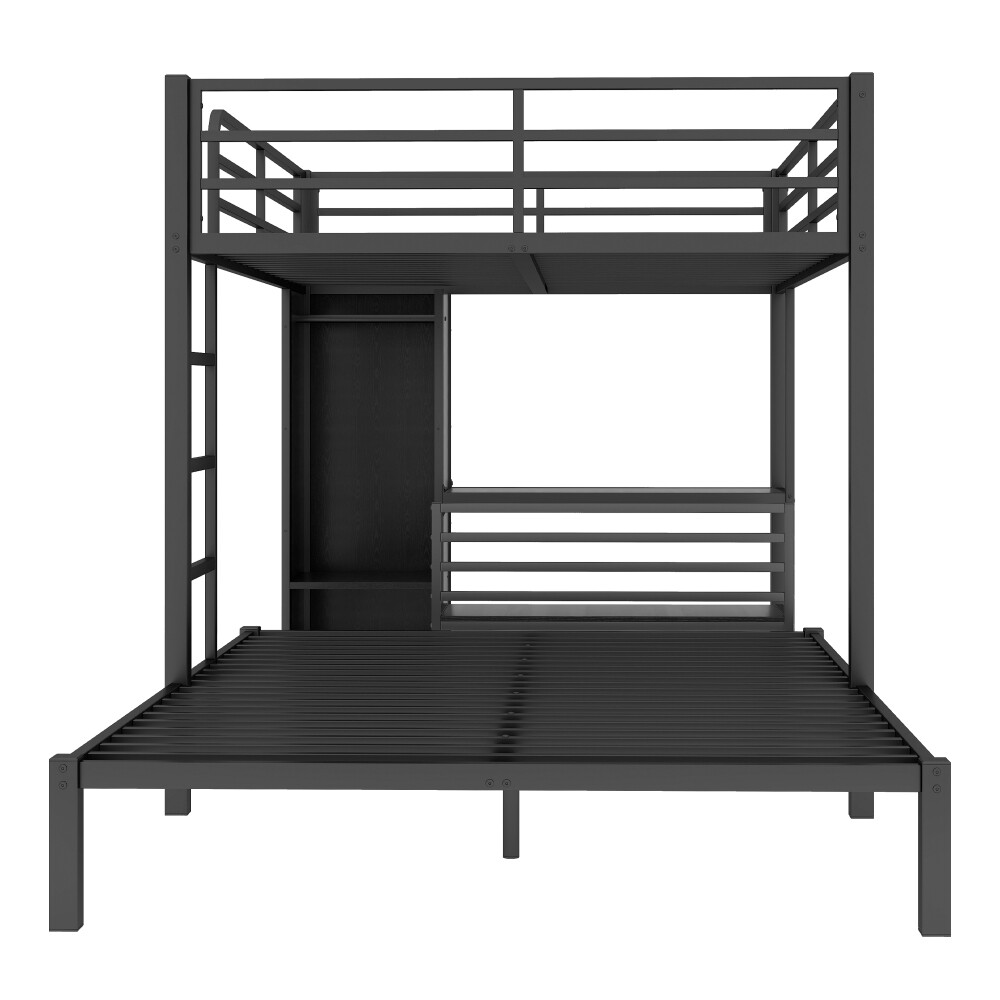 Queen over Queen Bunk Bed Frame with Wardrobe, Desk & Storage Chairs