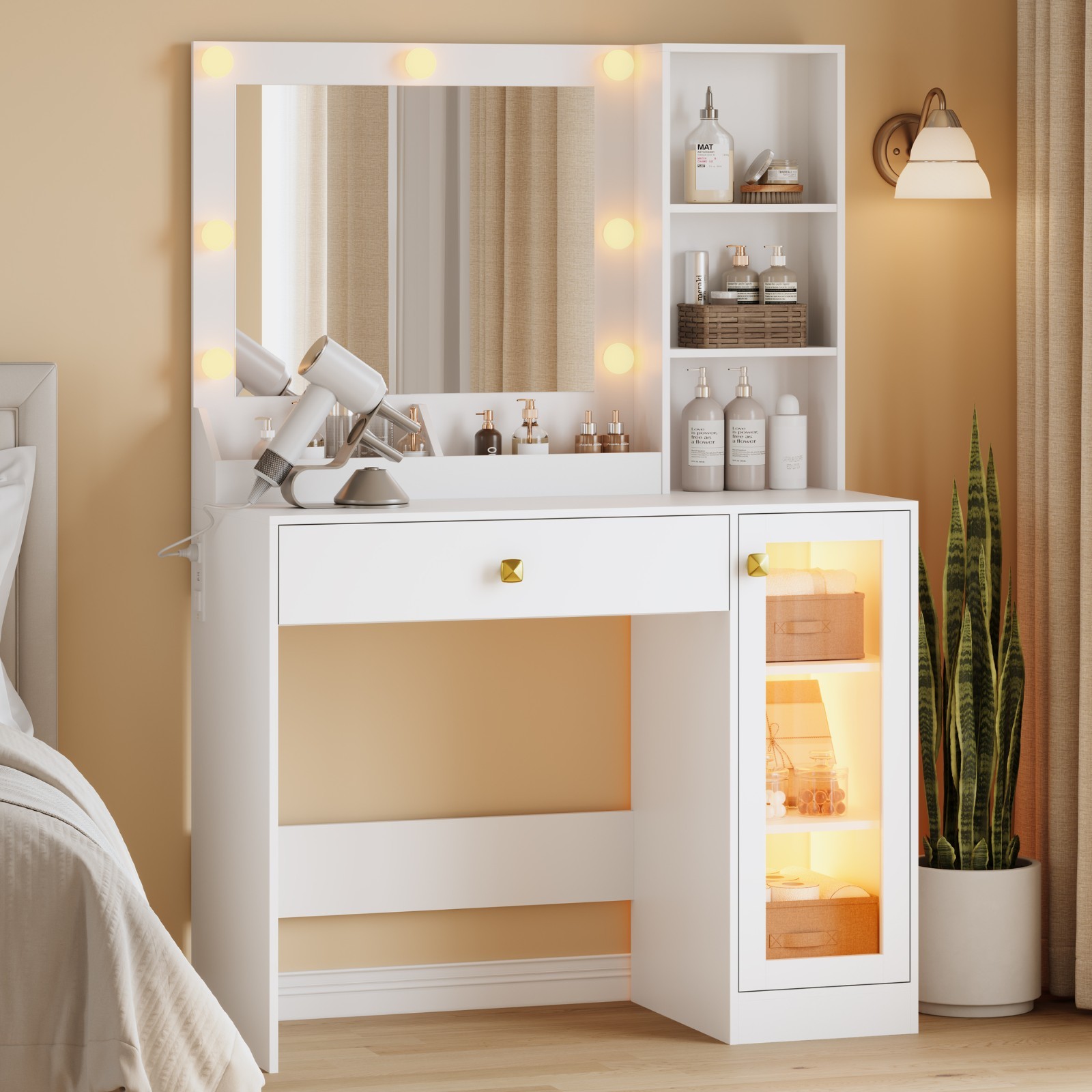 Small Makeup Vanity with Mirror and Lights, Charging Station & RGB Glass Cabinet