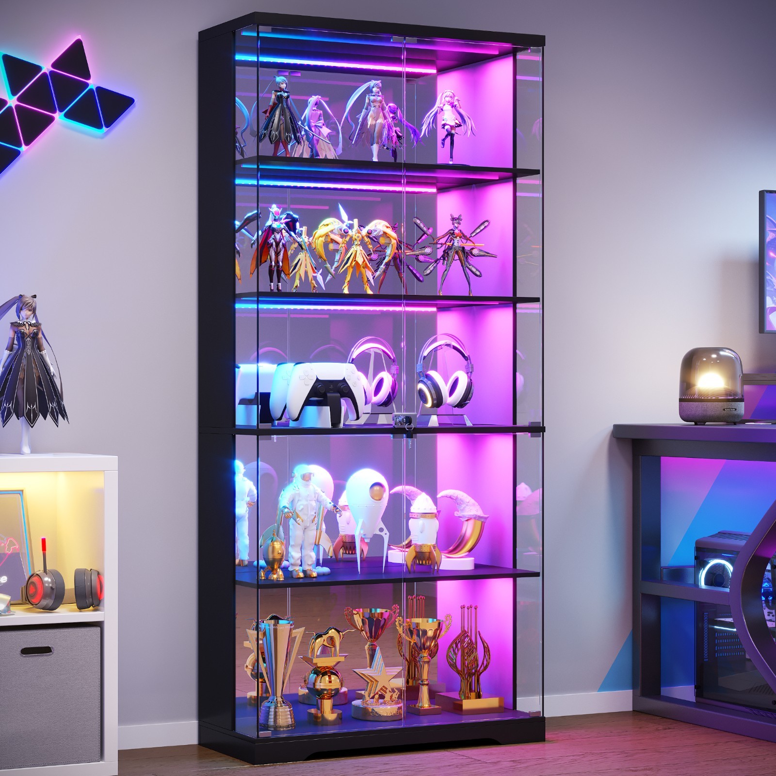 Glass Display Cabinet with Doors, RGB LED Curio Cabinet, Lockable Display Case