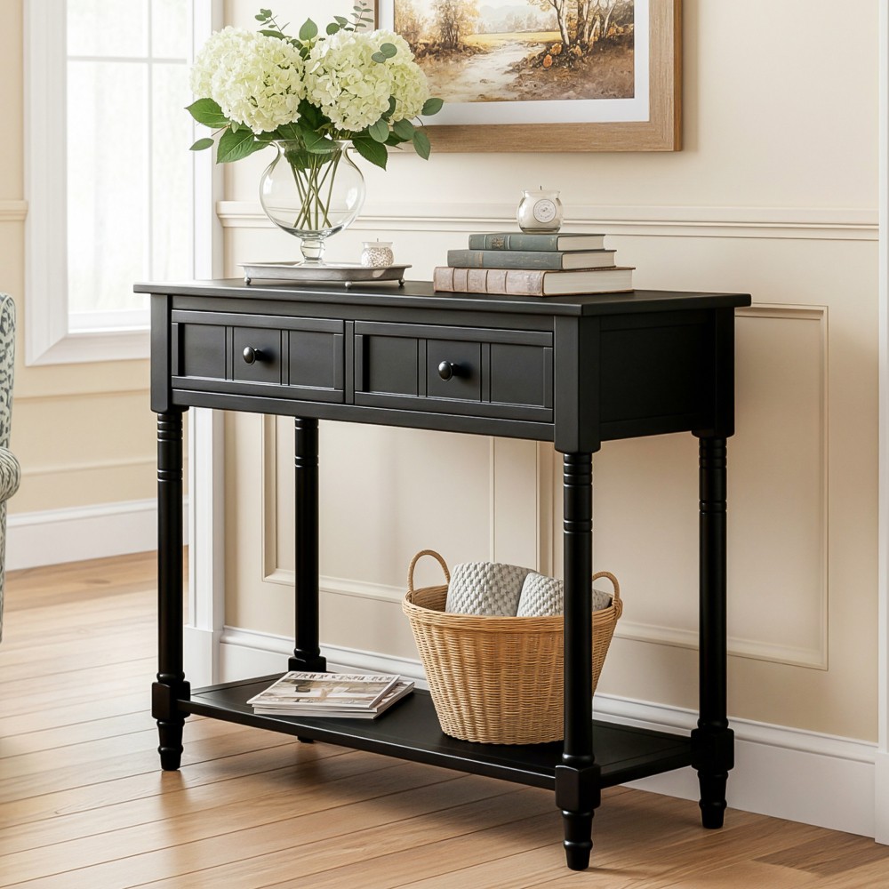 Side Table with Two Hidden Drawers and Bottom Shelf