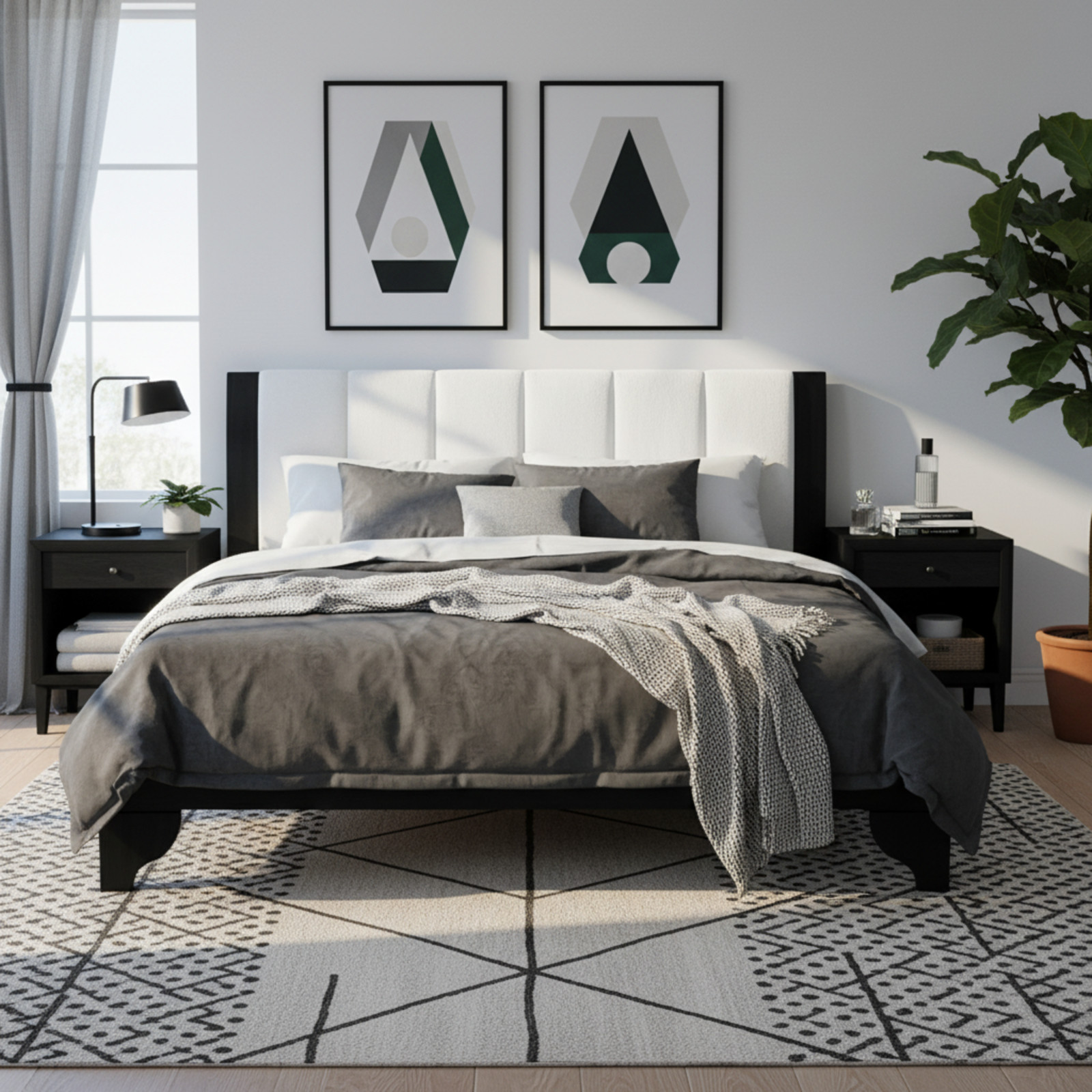 King Size Bed Frame Black White Pine MDF 82.7″x85.2″ 600 lbs