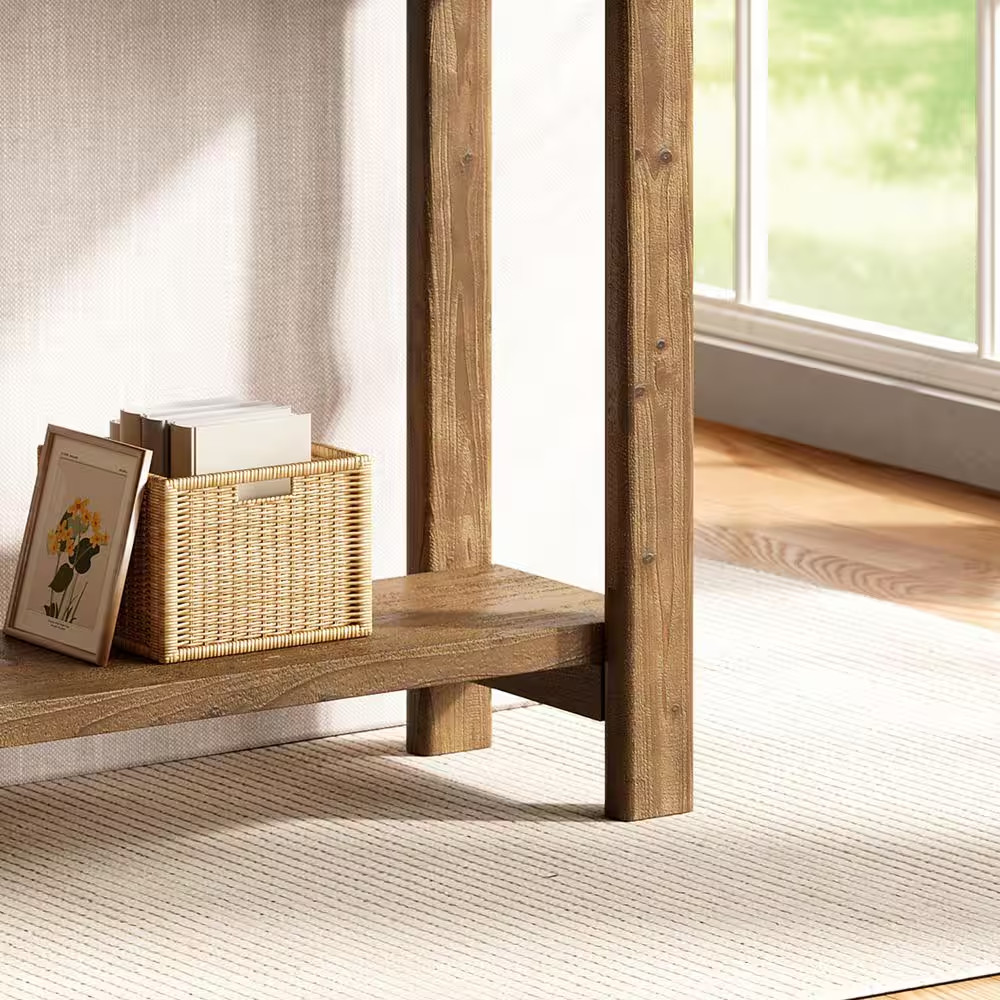 70.9 In. Natural Brown Rectangle Solid Wood Console Table, Long Sofa Table behin