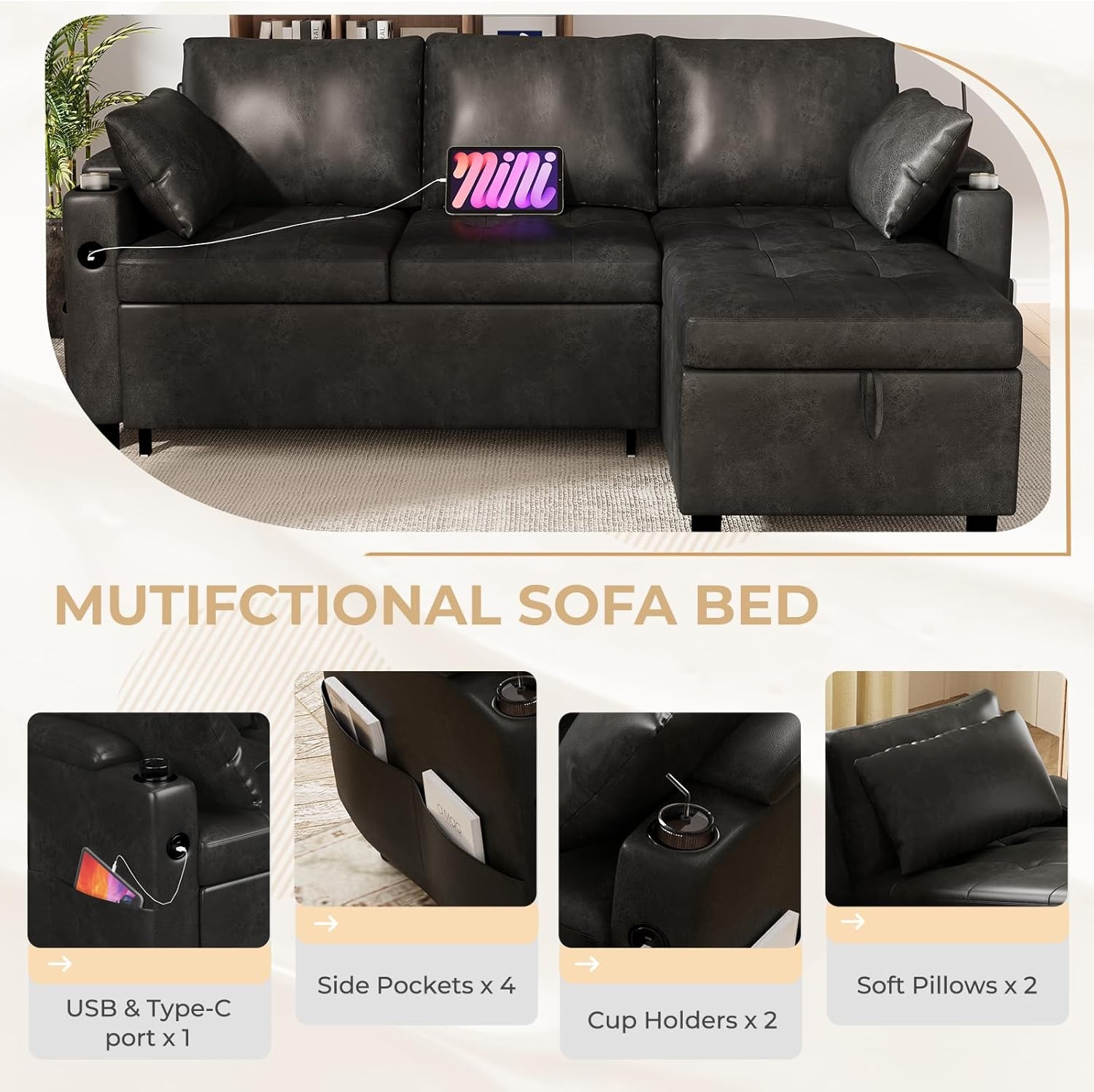 3 in 1 Pull Out Sofa Bed Sleeper Sofa with Storage Chair Sectional L Shape Couch