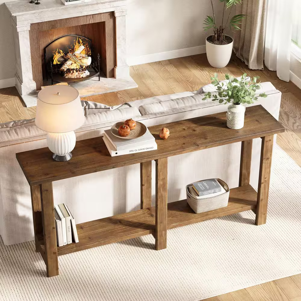 70.9 In. Natural Brown Rectangle Solid Wood Console Table, Long Sofa Table behin