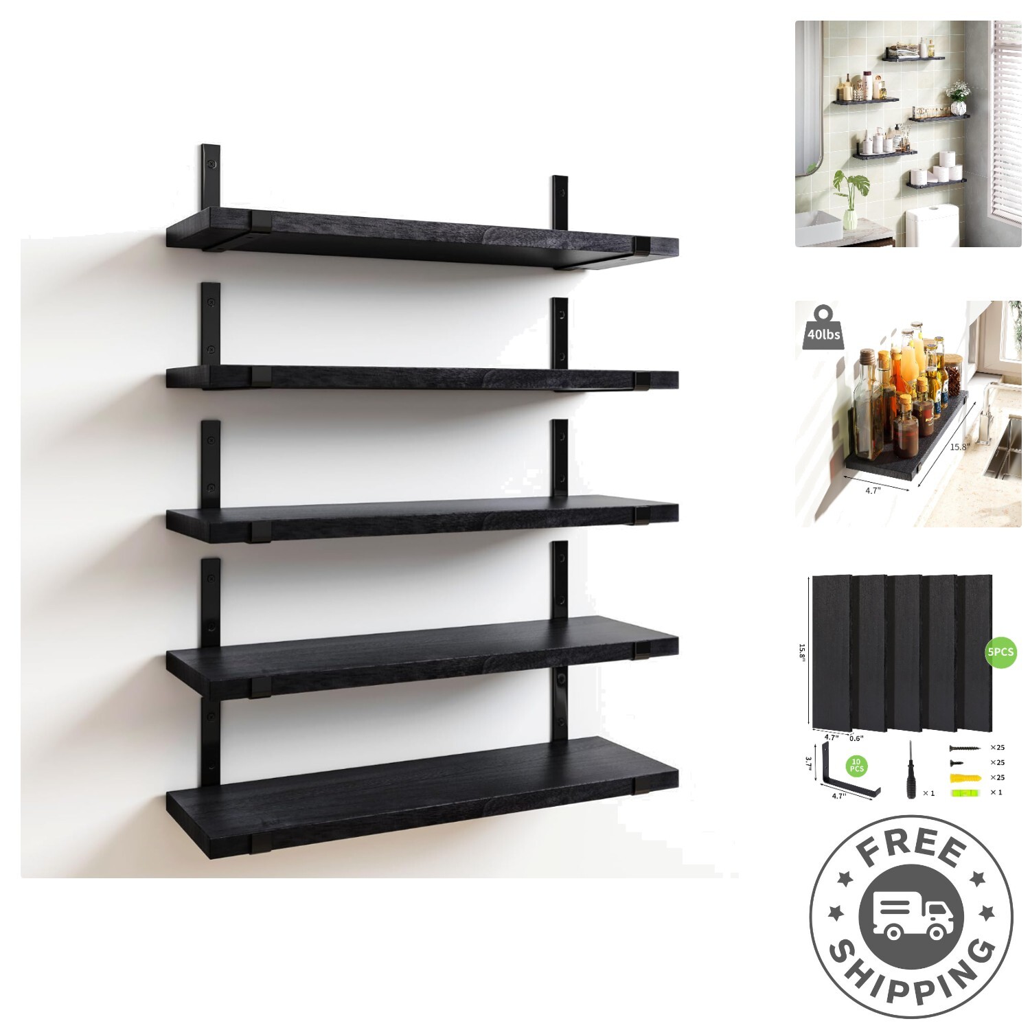 Sustained Rustic Wood Black Floating Shelves – 5pcs for Kitchen, Living Room