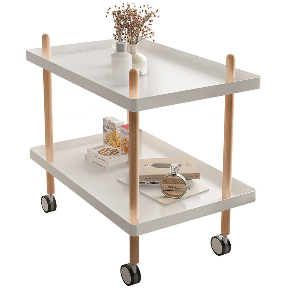 2 Layer End Table Trolley Side Table Nightstand w/4 Shelves & Wheels for Kitchen