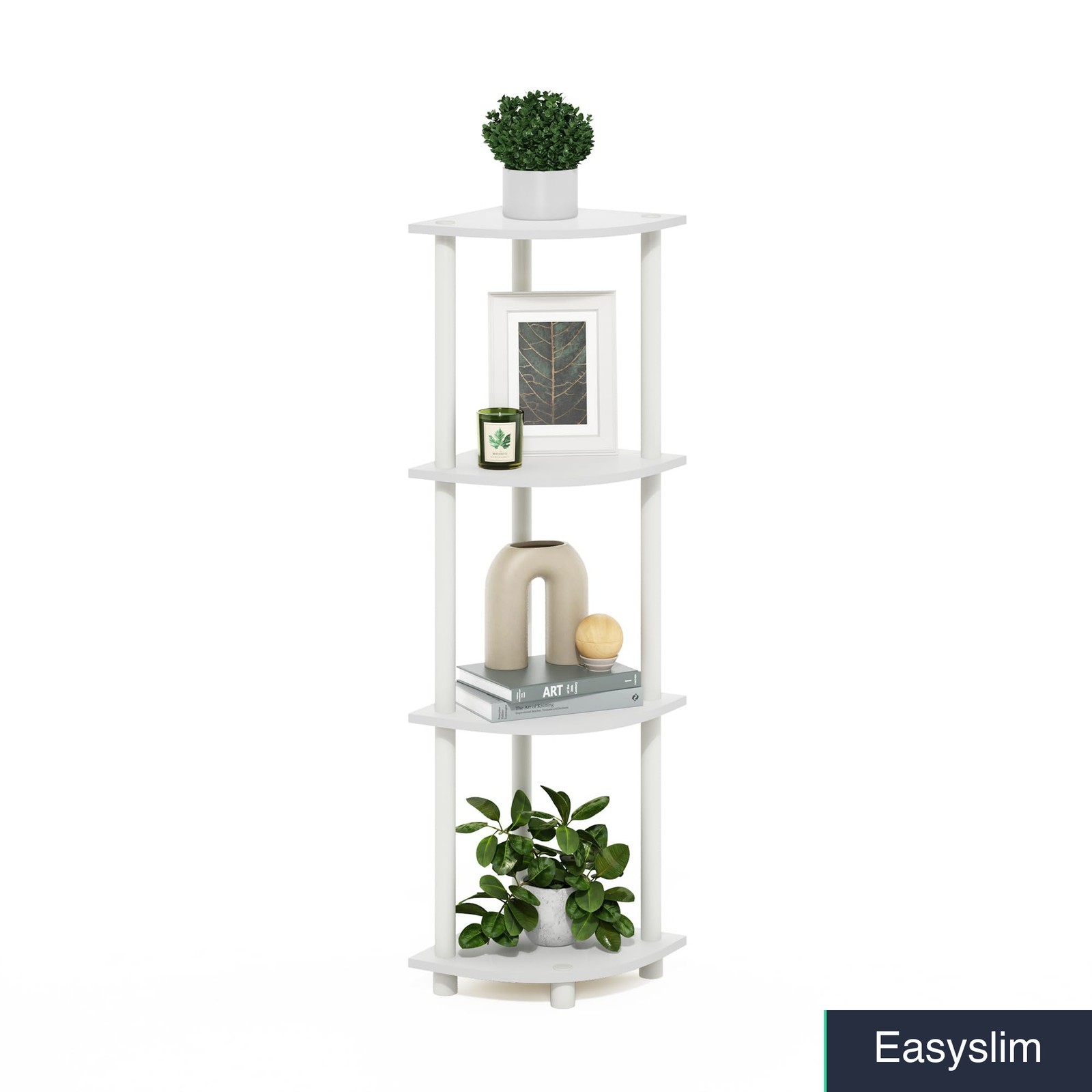 Corner Shelf 4-Tier White Composite Wood Bookcase Storage Display
