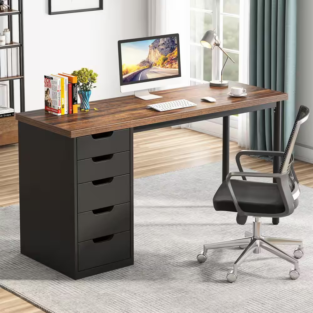 Moronia 47.24 In. Black Computer Desk with 5-Drawers, Home Office Desk with Stor
