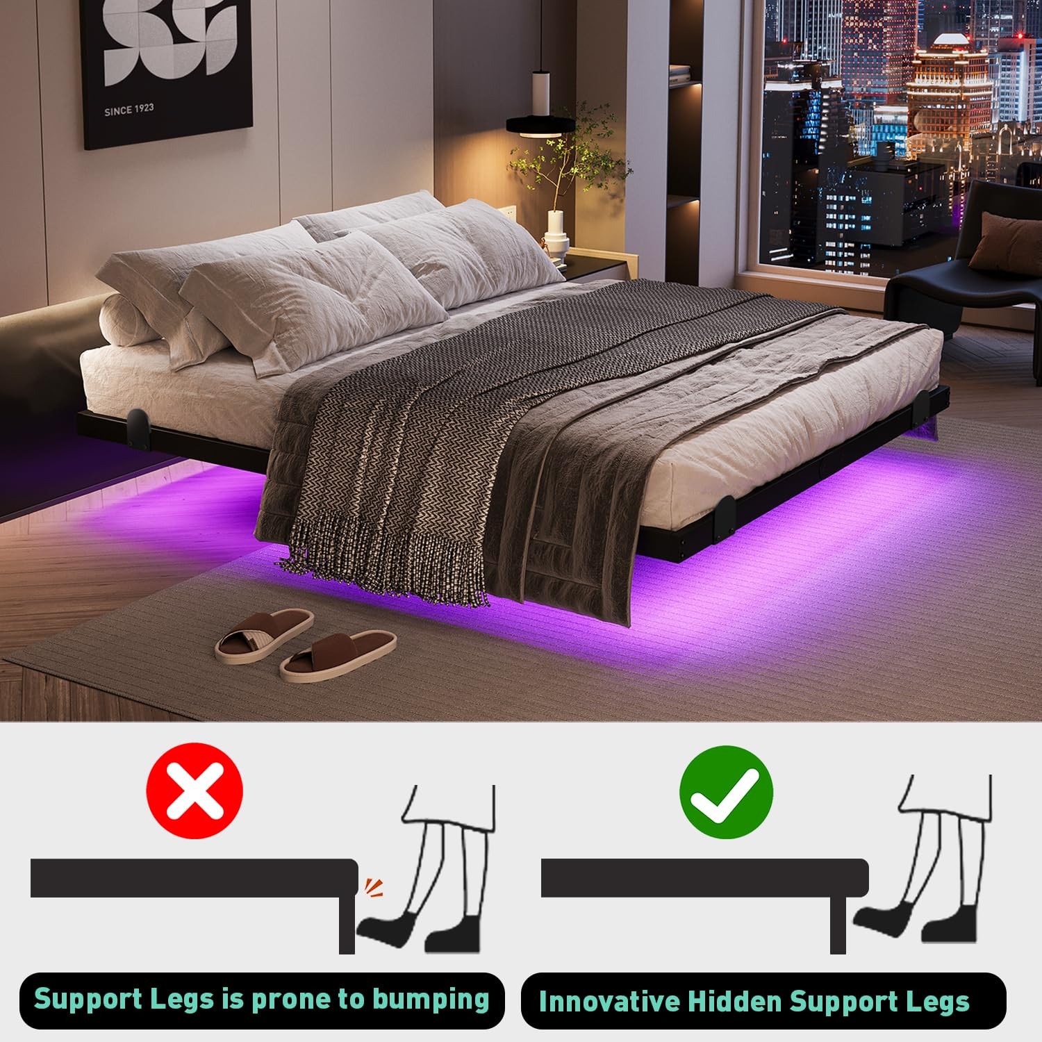 AGXI Floating Bed Frame Full Size with LED Lights and Charging Station, 14 Inch