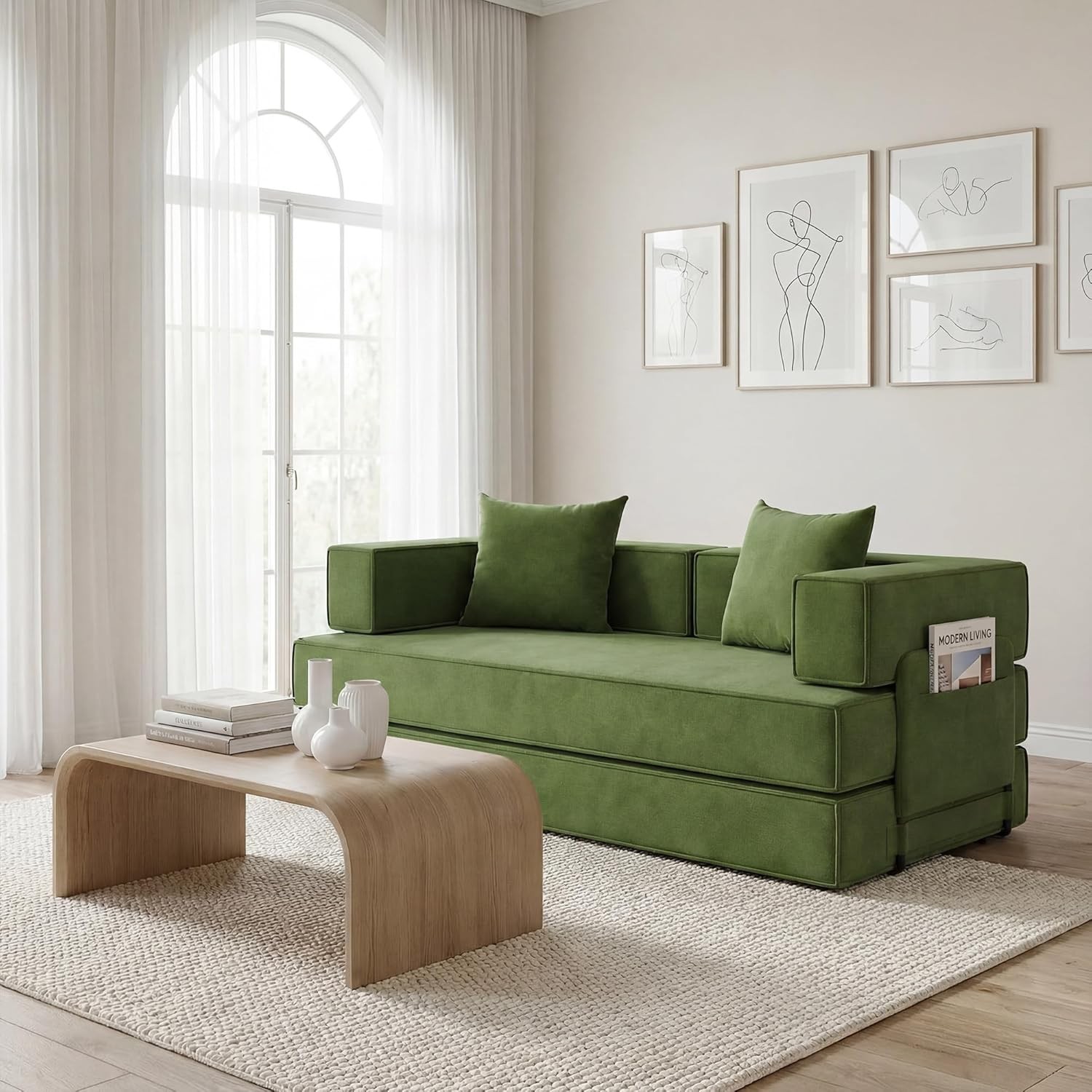 4-in-1 Convertible Sofa Bed 82 Inch Compression Sofa with Corduroy Fabric Pull