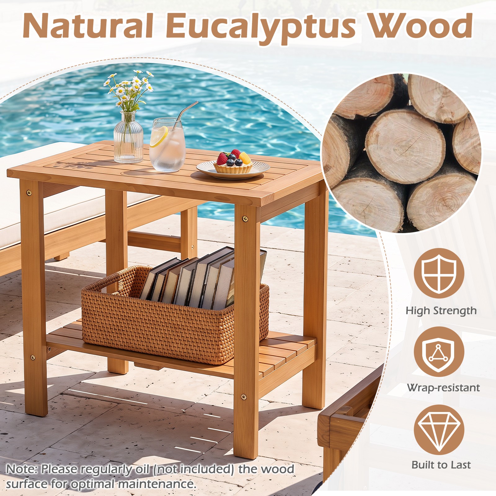 2PCS Outdoor Eucalyptus Wood Side Table with Slatted Tabletop & Storage Shelf