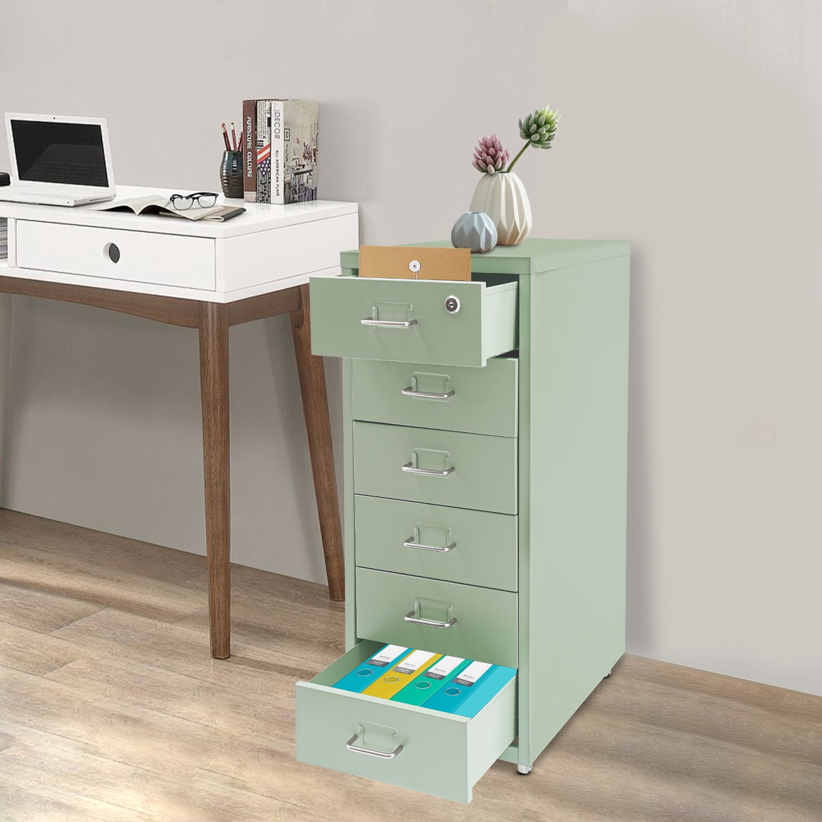 6-Tier Metal File Cabinet Lockable Drawer Storage Cabinet w/Wheels Bedroom Offce