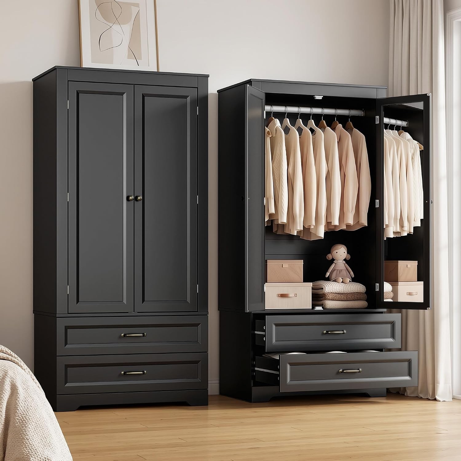 Wood Wardrobe Closet W/ Full Length Mirror Wooden Armoire W/ Hanging Rod