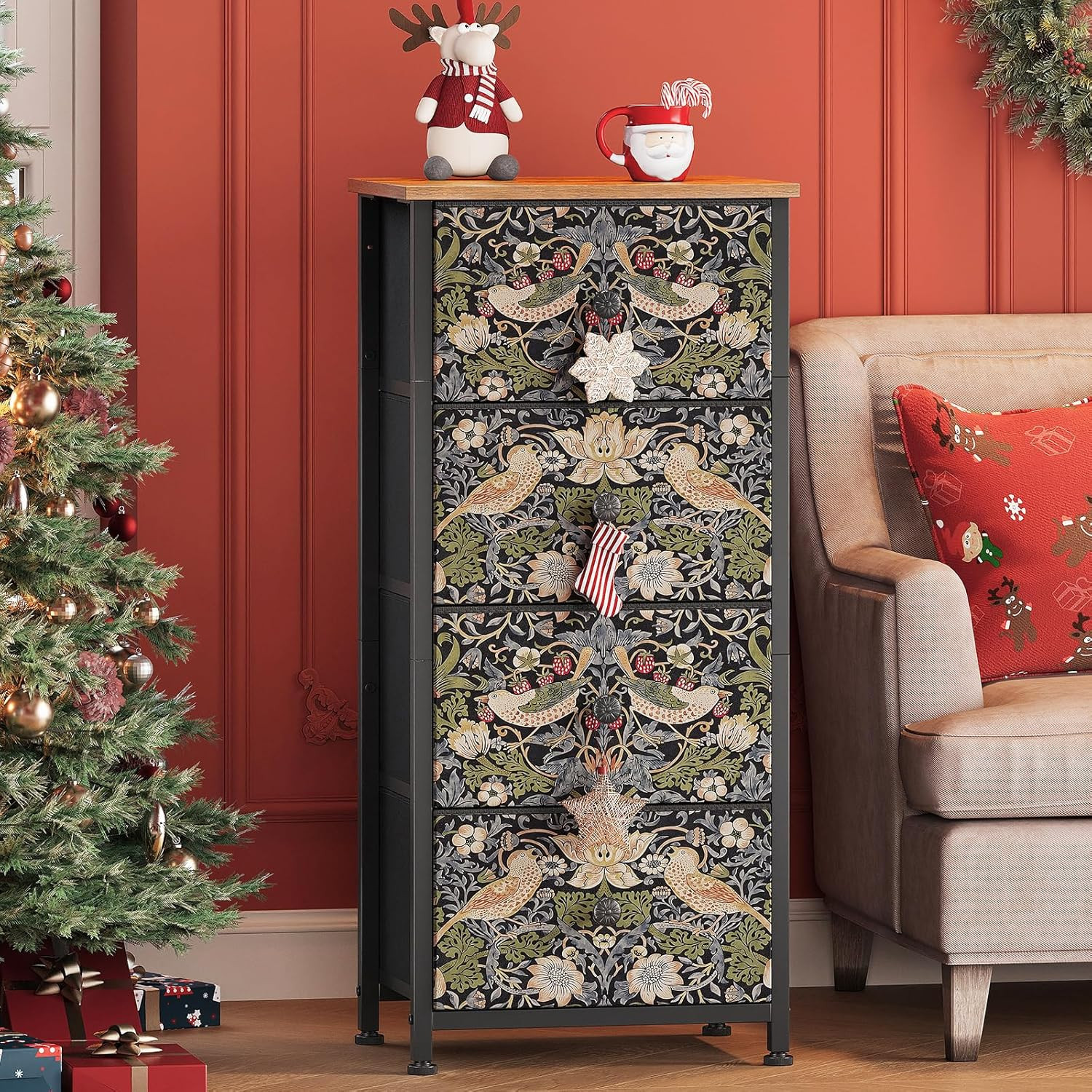 Dresser for Bedroom with 4 Drawer Strawberry Thief Dresser Vintage Storage Tower