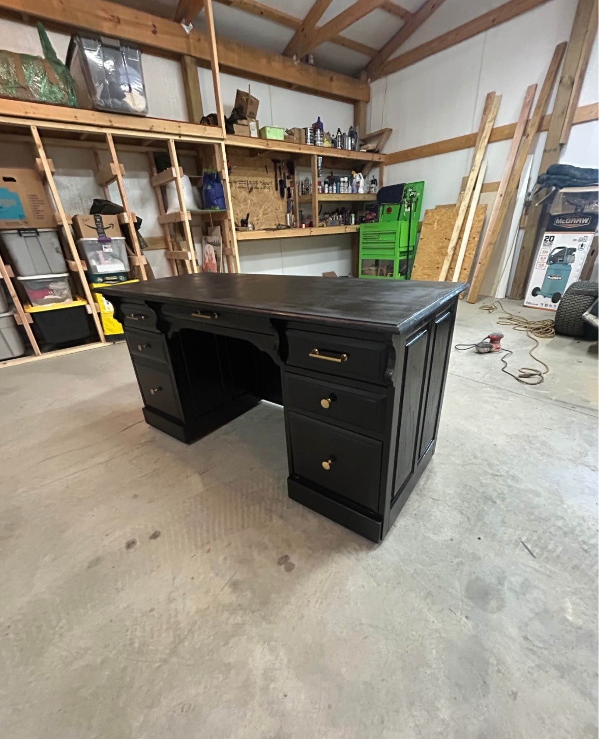 Black Computer Desk 31 1/2 inches tall, unbranded, used but renovated, drawers