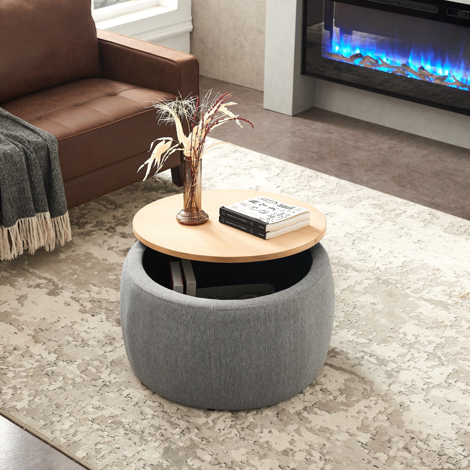 Round Storage Ottoman 2 in 1 Function End table Navy (25.5″x25.5″x14.5″) Fashion