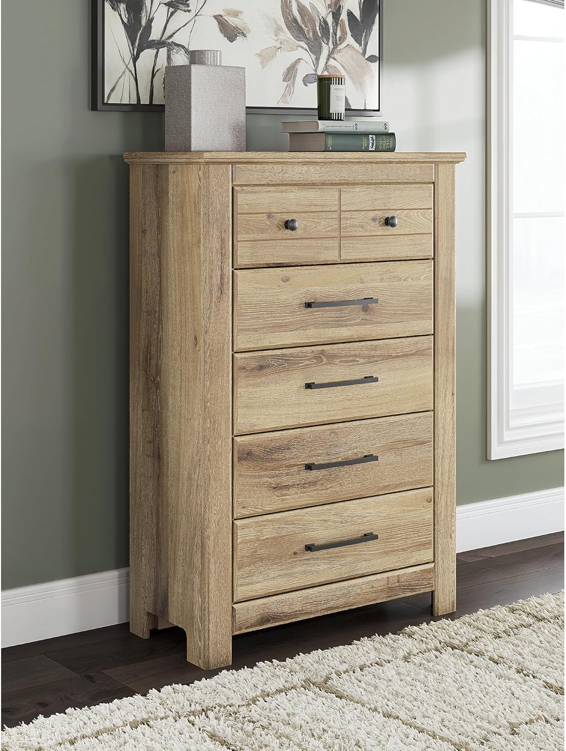 Allihauser Vintage 5-Drawer Chest with Safety Stop, Light Brown Finish