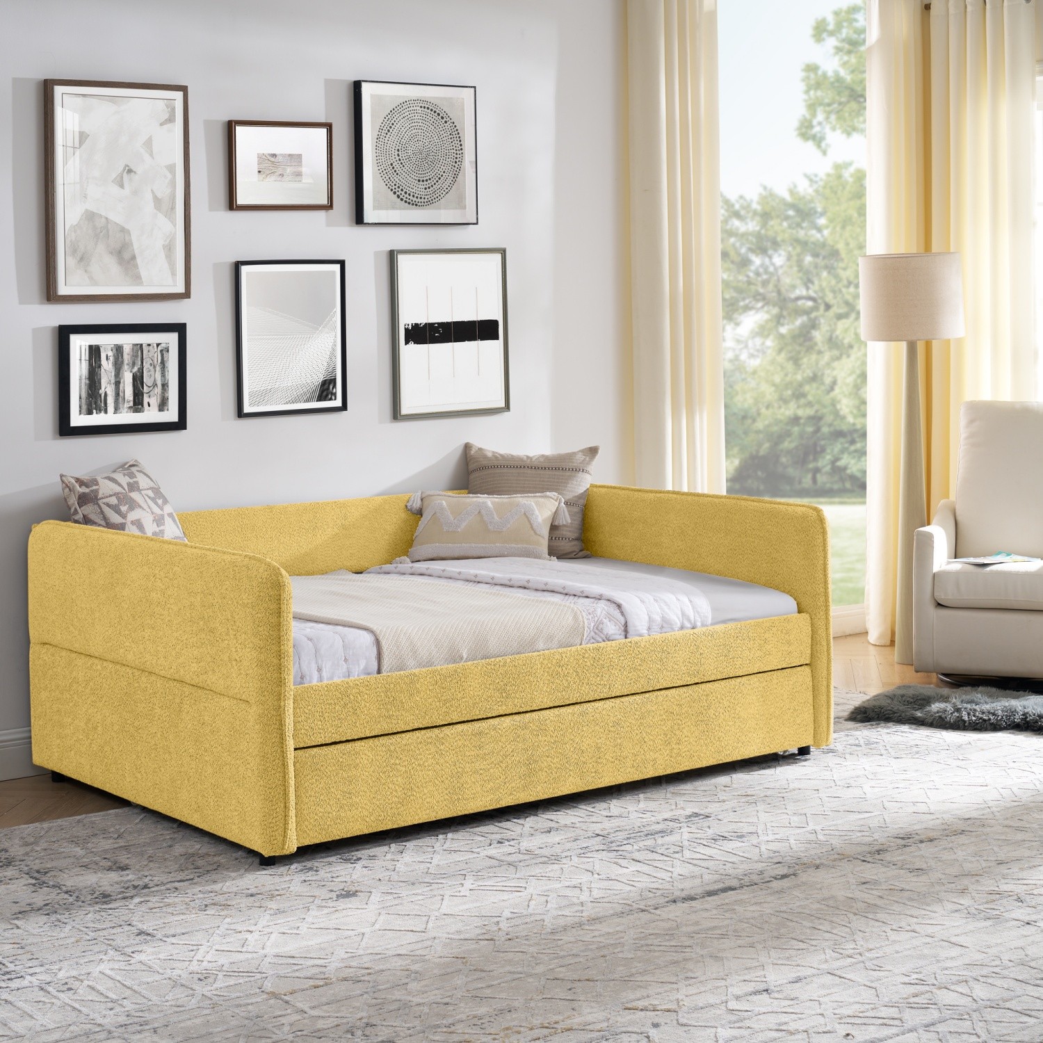 Full Daybed with Pull-Out Trundle Boucle Upholstered Sofa Bed Pink/Yellow/Blue