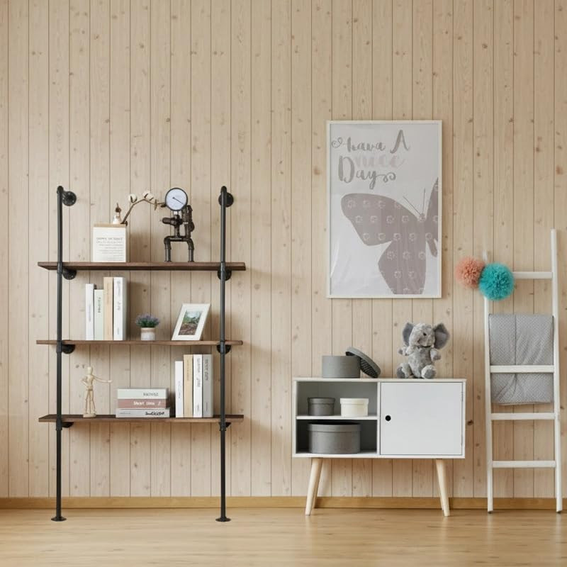 Industrial Pipe Shelving System with 4 Tiers, Black Iron Wall Mount, Floor to Ce