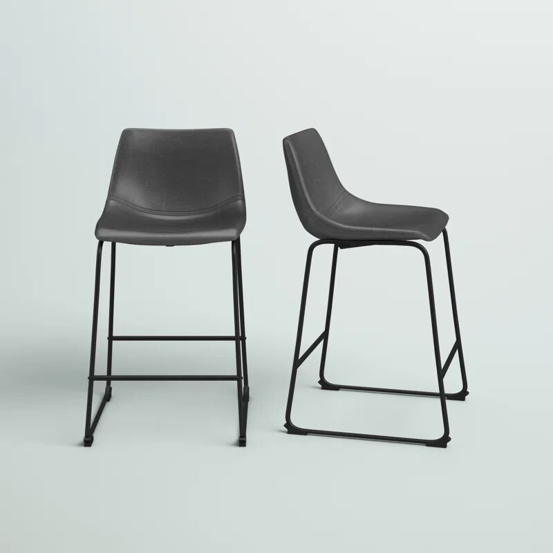 [PAIR OF 2] 28.5″ Counter-Height Low-Back Barstool Chairs Gray Faux Leather NEW!