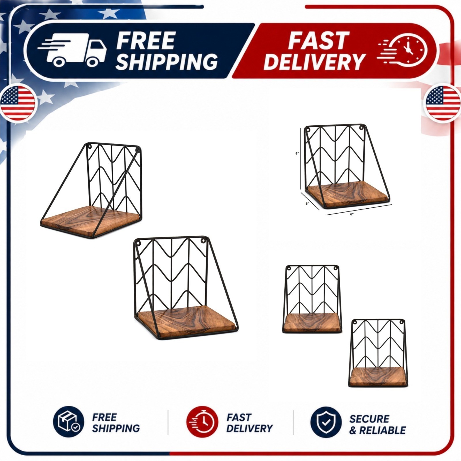 Floating Wall Shelves Set of 2 Acacia Wood Iron Rustic 6 x 6 x 6 in