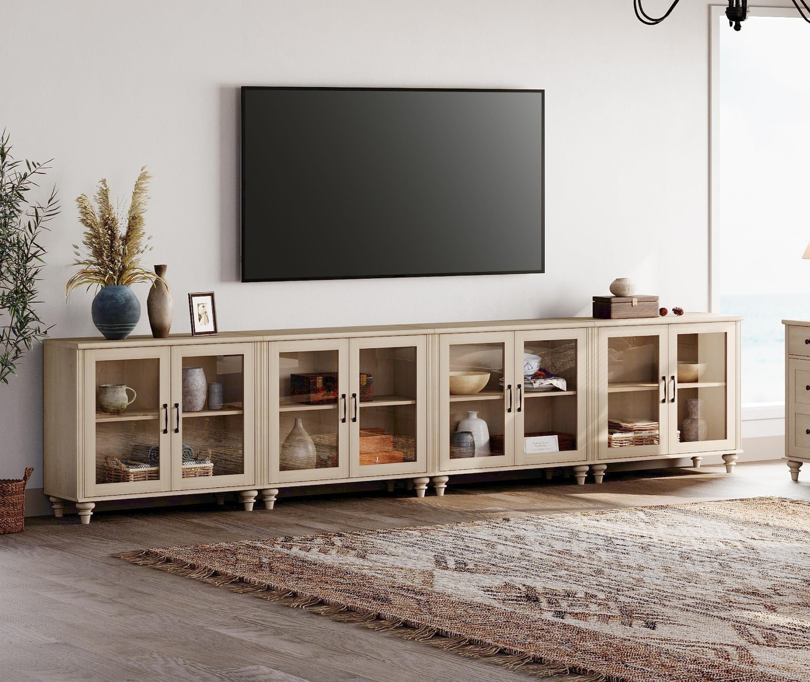 Large Beige TV Console Buffet Cabinet Glass Doors 100 Inch TV Stand 85 90 95 110