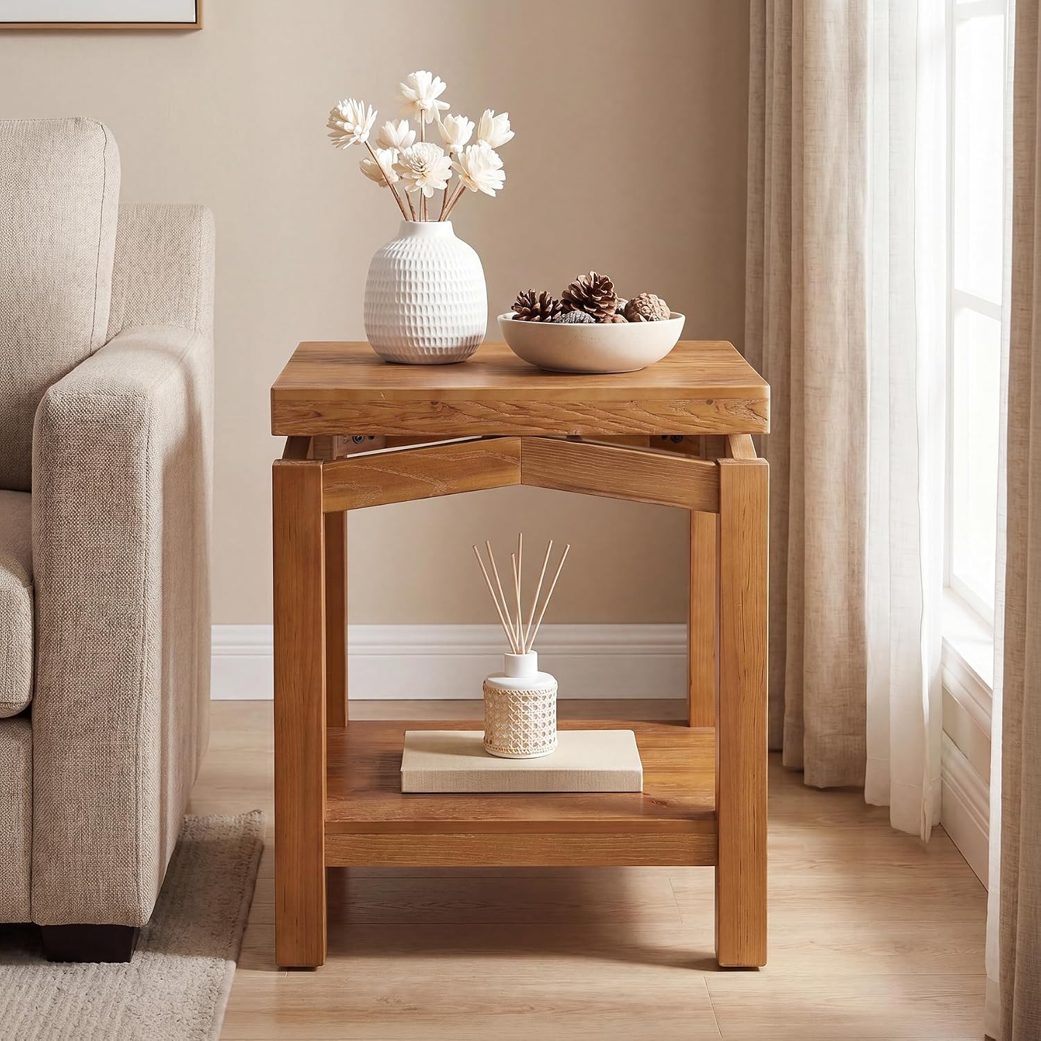 19.7″ Solid Wood Side Table with 2-Tier Storage Shelf ,Small Square End Table