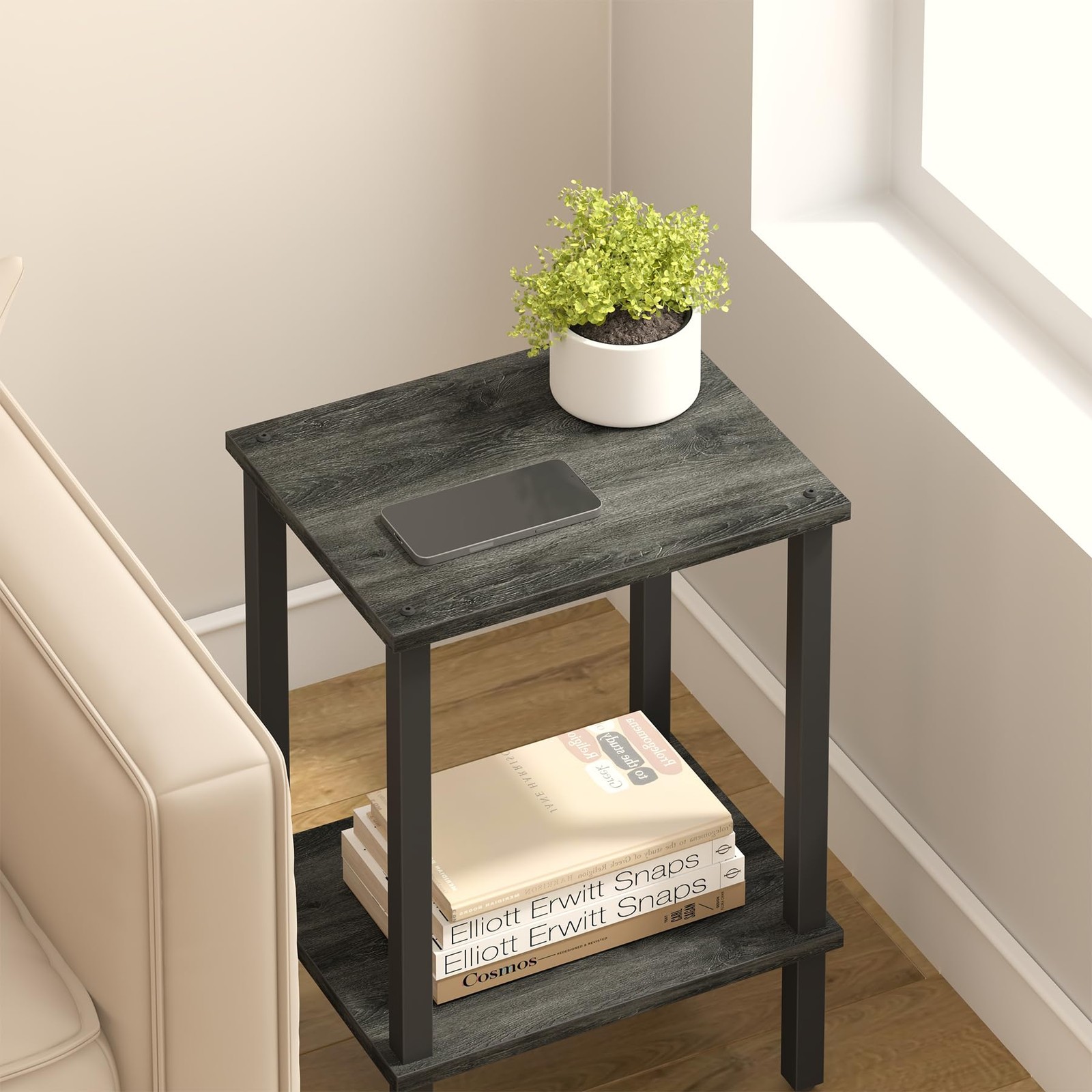 Charcoal Grey 2Tier End Table Side Table Nightstand Small Space Sofa Unit