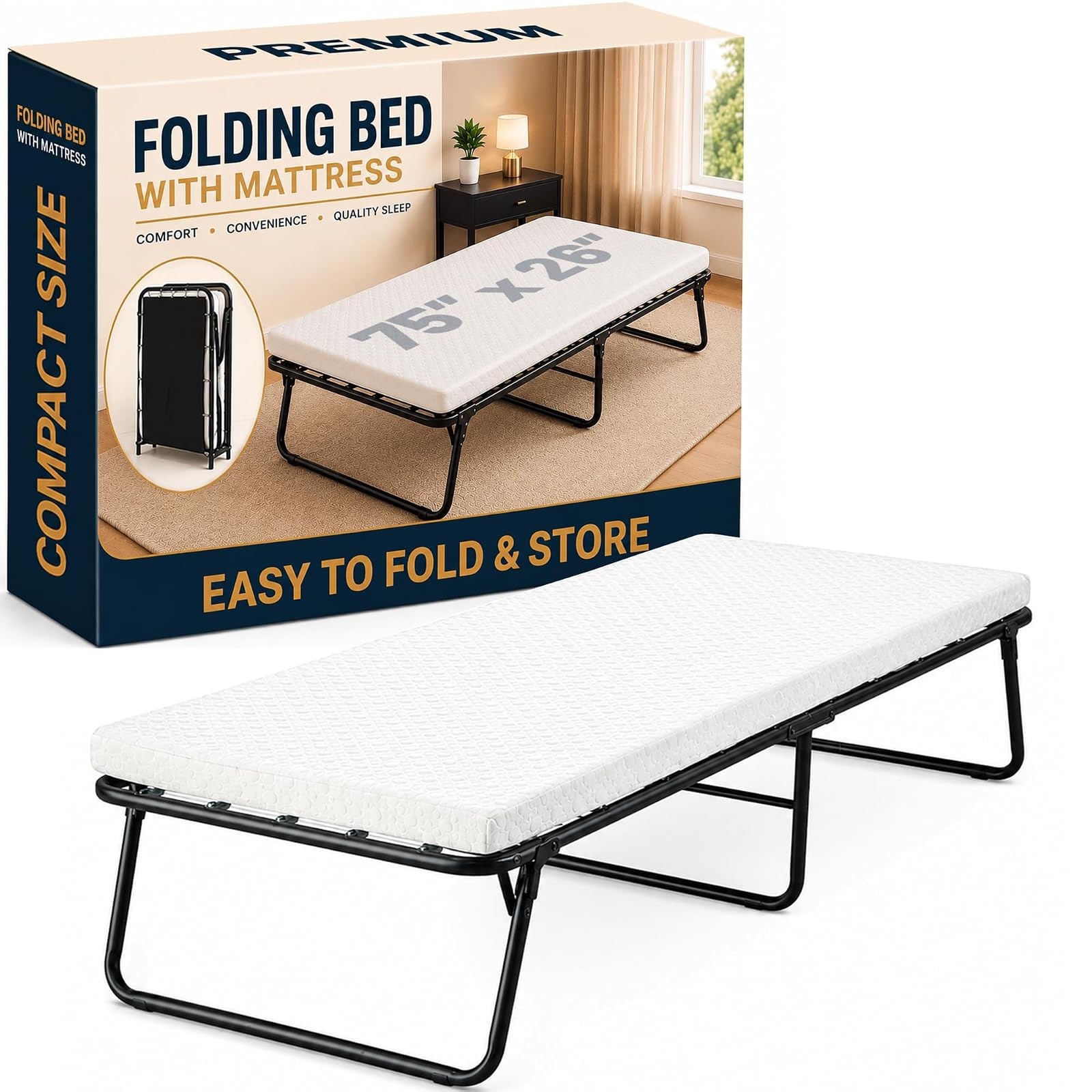 Steel Frame Folding Guest Bed with Memory Foam Greaton 75×26 Inch