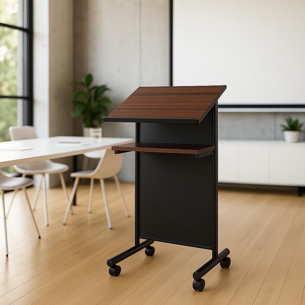 Wheeled Lectern Podium Standing Desk W/ Storage Shelf Cherry/Black Ideal
