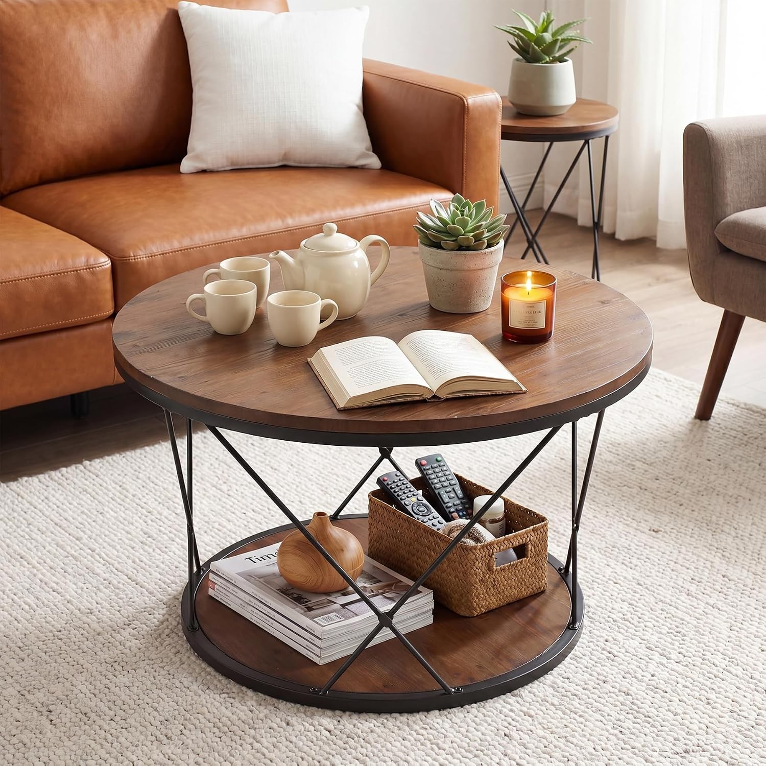 31.5″ Solid Wood Round Coffee Table, Industrial 2-Tier Circle Center Tea Table