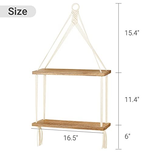 Macrame Hanging Shelf Boho Wall Decor 2 Tier Handmade Cotton Rope Rustic Wood