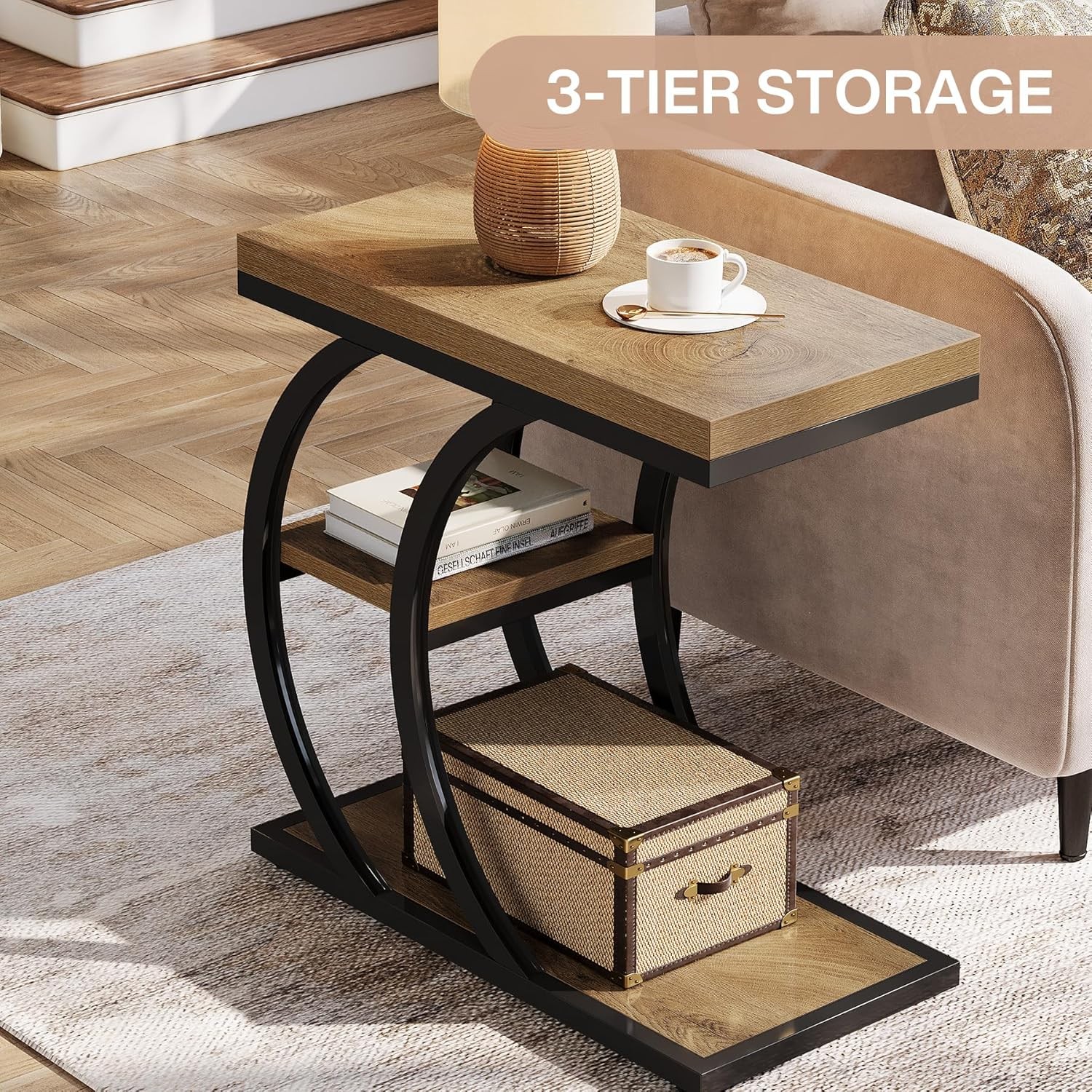 3-Tier C-Shaped End Table Industrial Narrow Wood Couch Side Table for LivingRoom
