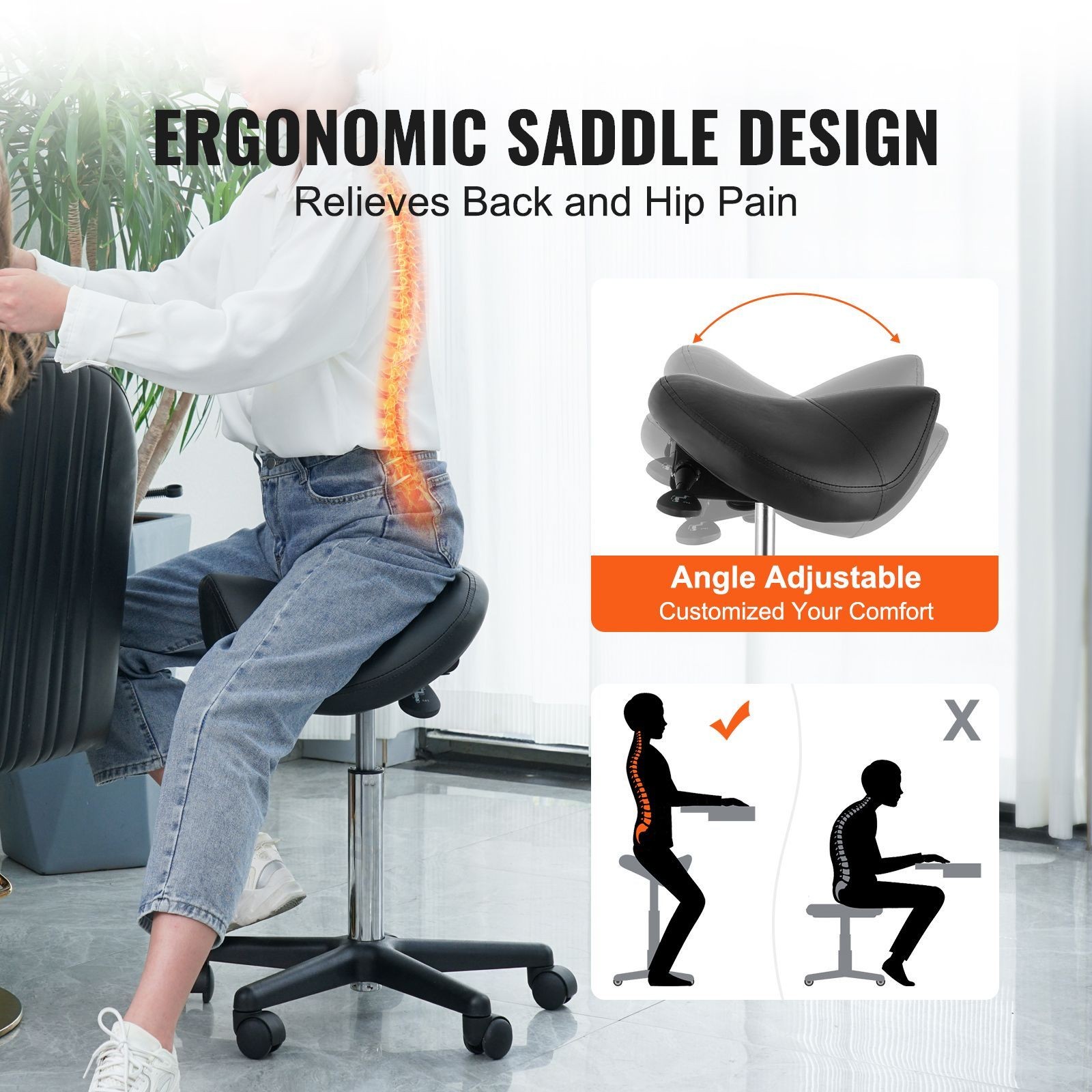 Saddle Stool 400lb Swivel Wheel Height Adjust
