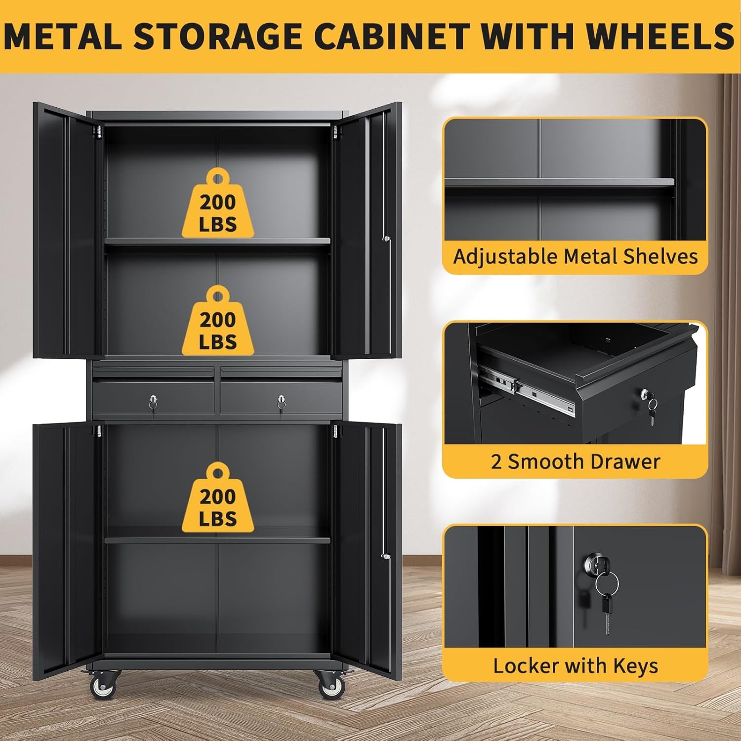 Metal Storage Cabinet Heavy Duty Garage Storage + Wheels Locking Doors & Drawers