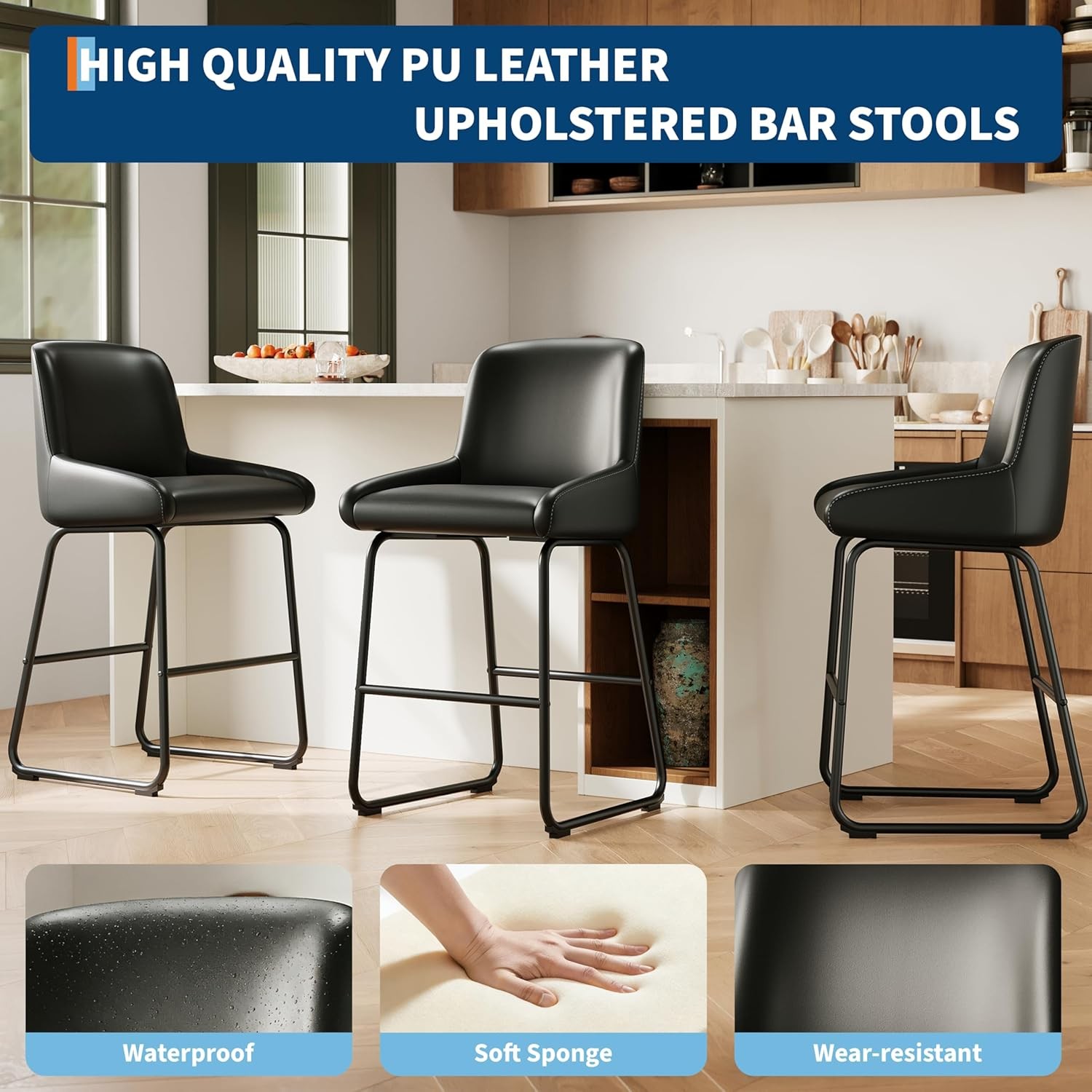 Counter Height Bar Stools Set of 3, PU Leather Barstools with Back and Footrest